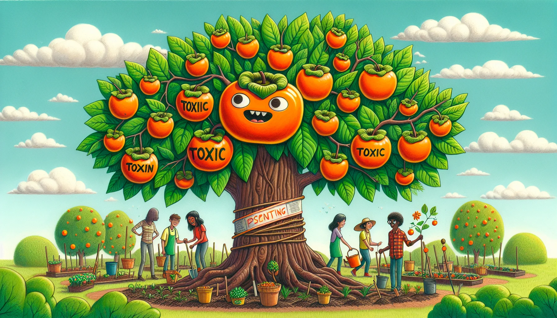 Create a whimsical garden scene involving a sentient persimmon tree. The tree has emerald green leaves, sturdy brown bark, and is overflowing with orange persimmons. The tree has a face on its trunk that exhibits a humorous expression. One of the persimmons has 'TOXIC' written on it in bold, black letters - a comic nod to the belief that persimmon skin is toxic. Around the tree, you can see people of various genders and descents - Caucasian, Hispanic, Black, Middle-Eastern, and South Asian - engaging in gardening, their faces lit up in joy and laughter. The sun is shining, the sky is blue with fluffy white clouds, and everyone is having a good time.