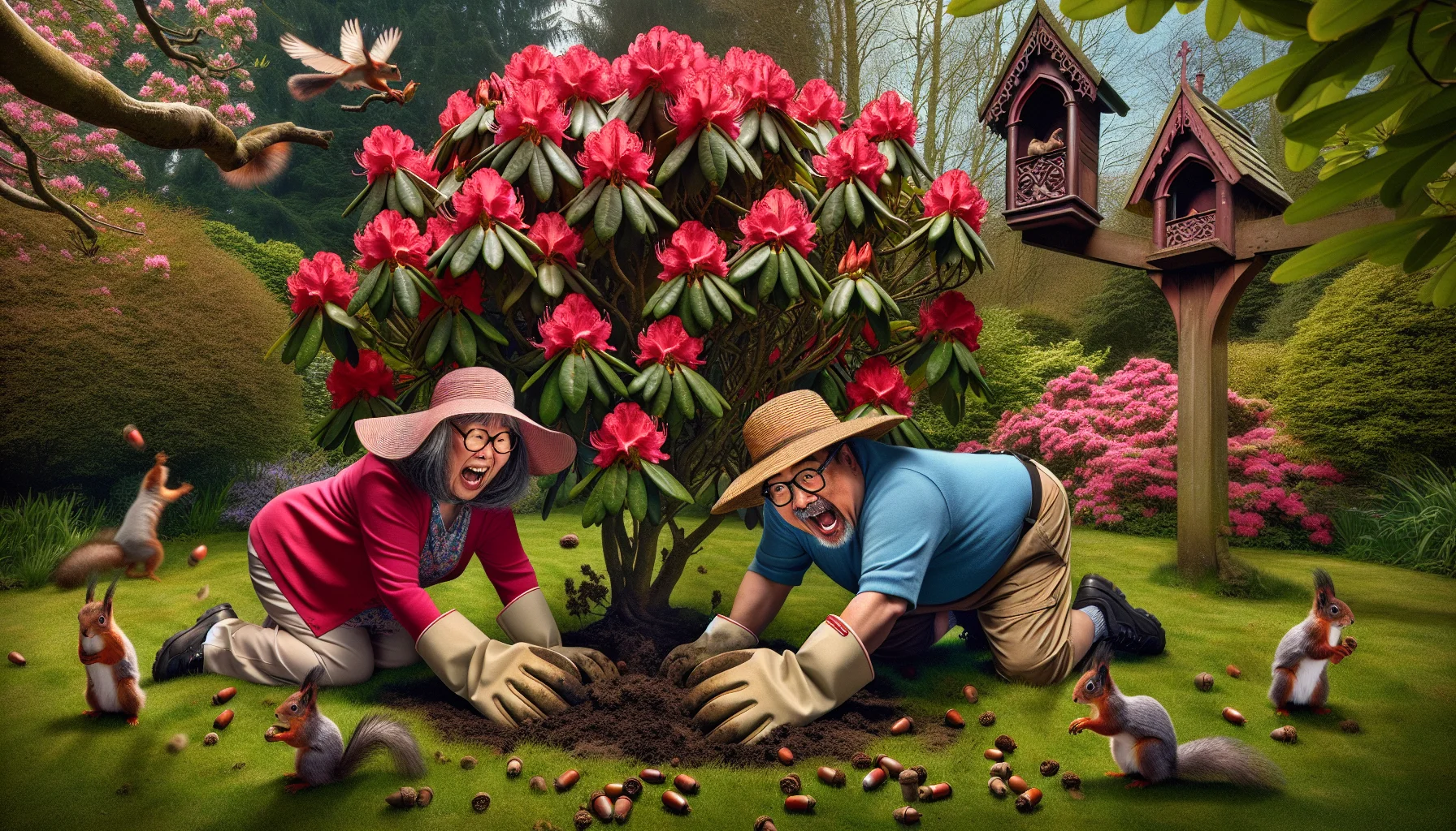 Imagine a humorous scene set in a lush garden. In the center, an East Asian woman and a Middle Eastern man are kneeling on the grass, struggling to root a particularly large rhododendron bush into the ground. They're wearing oversized gardening gloves and sunhats, looking comically unprepared for the task. Around them, playful squirrels are tossing acorns, adding to their challenge. The rhododendron is bearing vibrant red flowers. In the background, a Gothic-style birdhouse hangs from a tree, housing a family of tweeting birds. The image sends an inviting message about the joy and comedy inherent in nature and gardening.