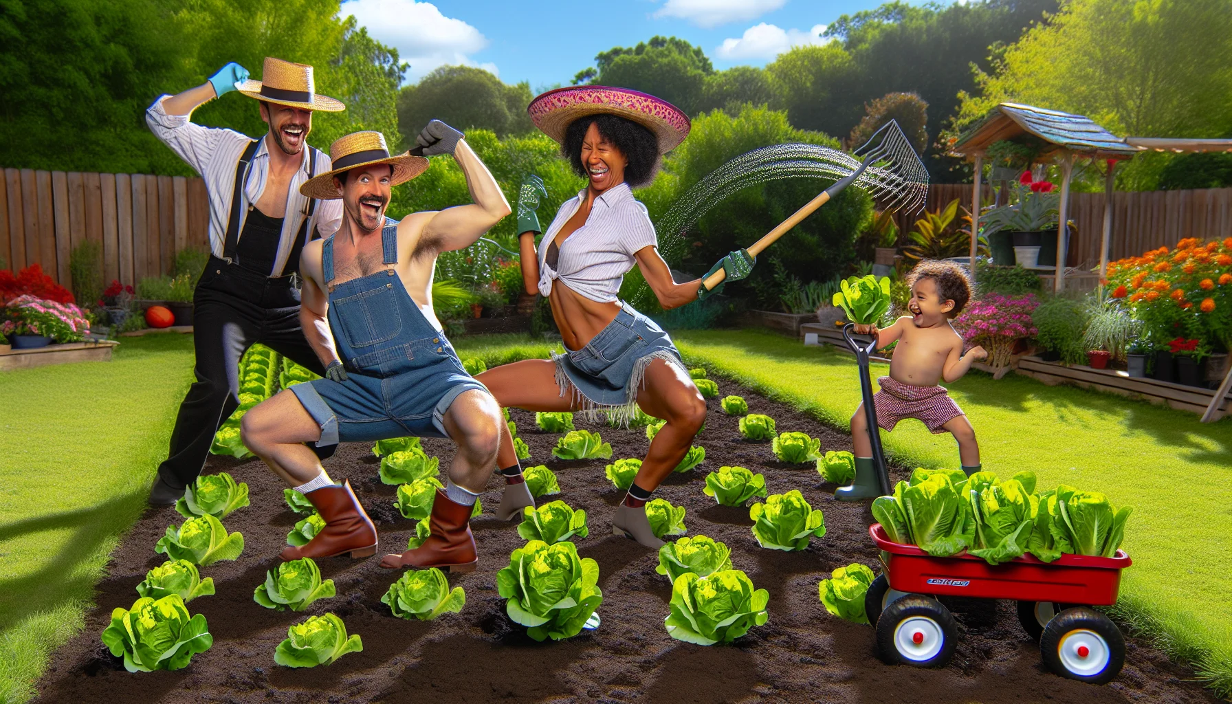 Create an image showcasing a humorous scene in a lush green garden. In this setting, a Caucasian man wearing a sunhat and overalls is doing a flamenco dance with a gardening hoe in one hand while gently nestling romaine lettuce seedlings into the ground with the other. A few feet away, a Black woman wearing gardening gloves and a big smile is chuckling as she waters the sprouting lettuce. A Hispanic child nearby is gleefully pulling a wagon loaded with more lettuce plants. This whole setup should emanate a sense of enjoyment emphasizing the pleasure of gardening.