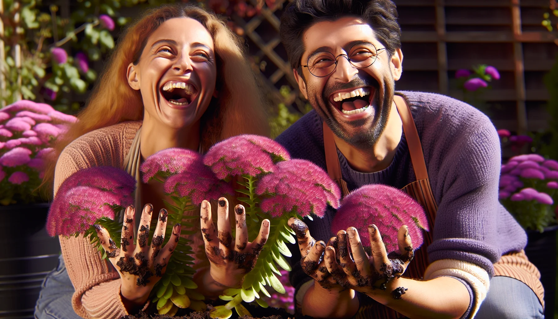 Humorous scene of gardening featuring realistically portrayed purple sedum. The scene shows a Middle-Eastern woman and a Hispanic man, both amateur gardeners, laughing heartily as they show their freshly muddy hands from planting the sedum. Vivid purple sedum is in bloom, its succulent plump foliage making a striking contrast to the rich brown of the soil. They are in a sunlit backdrop of a garden, their delight highlighting the joy of gardening. The image should evoke the charm and fun of gardening and inspire people to try it for themselves.