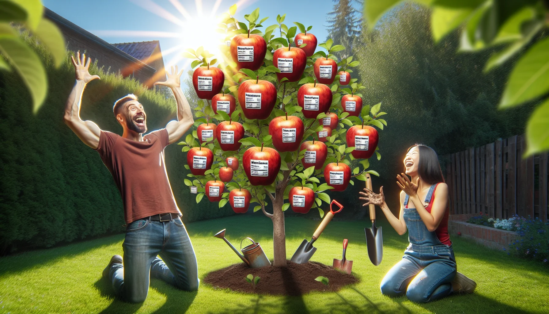 Imagine a humorous and delightful scene in a verdant home garden. Beaming sun adds warmth to the scene where an apple tree alooms, laden with radiant red apples. The apples unbelievably flash nutritional information as if they're food product labels. Laughing figures of diverse backgrounds, a Caucasian male and an Asian female, observing in awe, hold gardening tools, suggesting they have taken part in nurturing the tree. They wear casual gardening clothes, and their hands are playfully smudged with dirt, symbolizing their active participation in gardening and connection with nature.