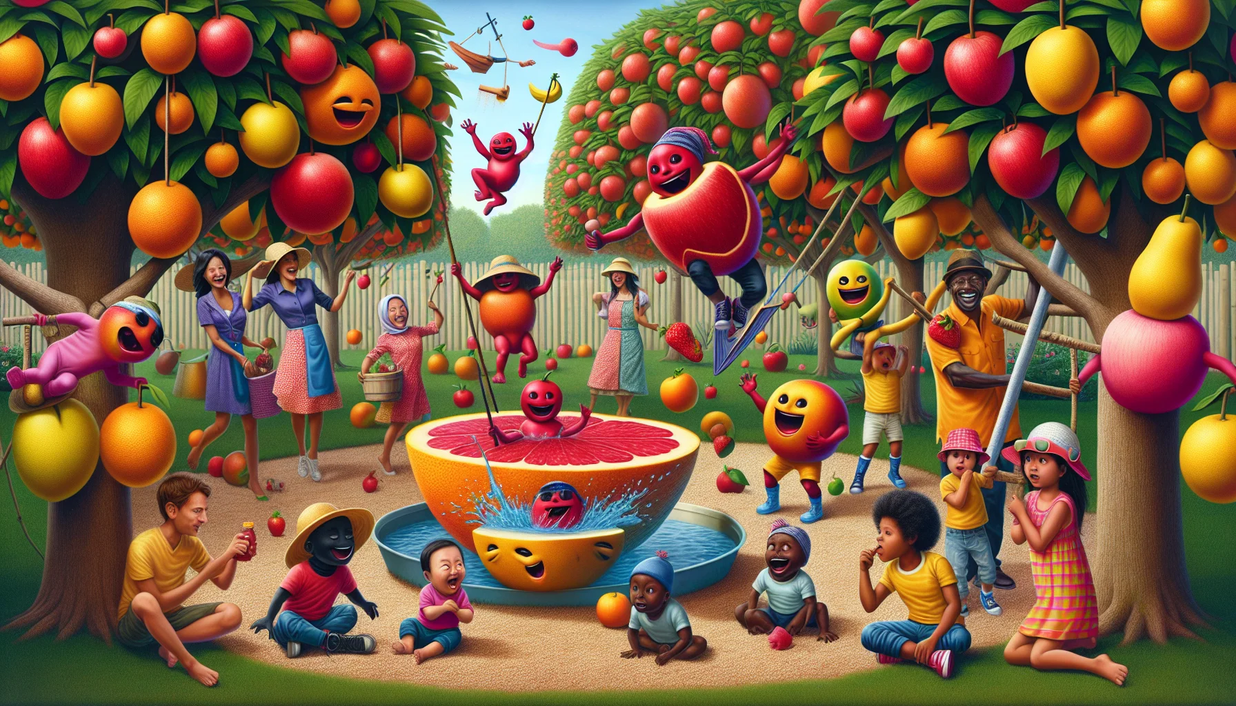 Imagine a humorous garden scene filled with an array of tropical fruit trees abundant with bright red fruits. In the midst of these, a variety of jovial, animated fruits are depicted partaking in whimsical activities like swinging from tree branches or diving into a pool made from a half-cut fruit. An East Asian woman and a black man, both dressed in vibrant gardening attire with gloves and hats, are laughing and enjoying the spectacle. Two children, one Hispanic boy and one Middle-Eastern girl, curiously watching the animated fruits. This scene aims to radiate the joy of gardening.