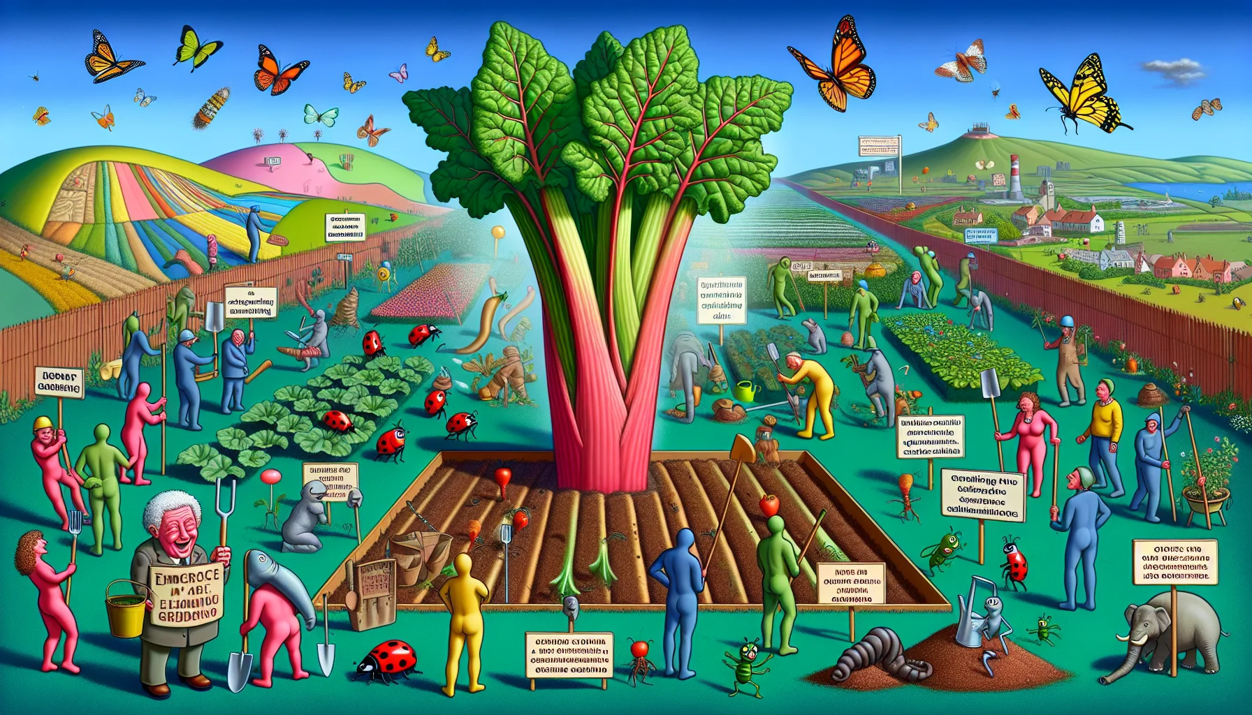 Think about a vivid, comical scene involving a garden. In the center, there's a gigantic rhubarb emanating an aura of grandeur. Ladybirds and butterflies flutter around it in a surreal dance. The background showcases distinct geographical areas, denoting different rhubarb growing zones. There are humanoid earthworms and ants, each holding tiny informative signs about the optimal conditions for growing rhubarb in these areas. Around the garden, people of various descents, genders, and ages are joyously digging, weeding, and watering. There's an inspiring signpost in the corner that reads 'Embrace the Earth, Enjoy Gardening'.