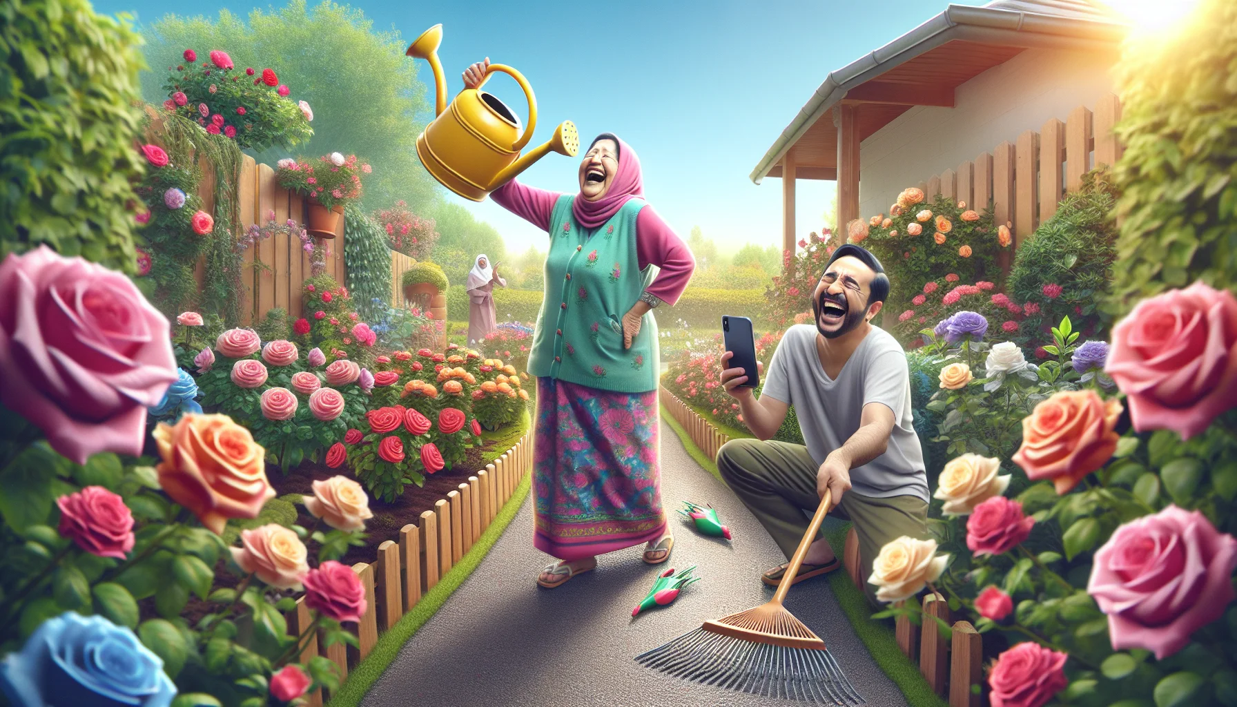 Create a realistic image with a scene that unfolds in a vibrant and colourful garden brimming with various types of roses. The central part of the image features an endearing, comedic moment. A South Asian woman laughing heartily as she waters her plants with a novelty watering can shaped like an oversized teapot. In contrast, on the garden pathway, a Middle-Eastern man, trying to capture this fun-filled activity on his smartphone, steps on a rake and is caught with a surprised expression. The background is a heartwarming day with a clear blue sky, the sun shining bright, painting a picture that promotes gardening with a touch of humour.