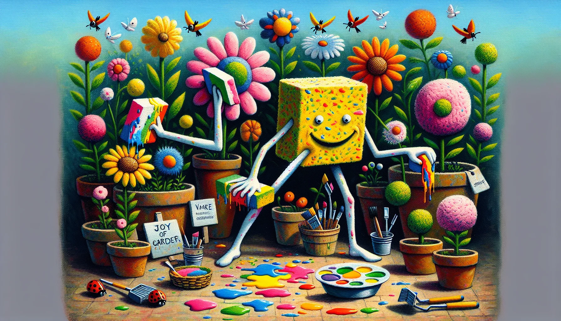 Create a humorous and engaging illustration of a garden scene featuring a fictional character with square-shaped clothes, utilising sponge painting techniques. The character is playfully smearing vibrant paint on an array of flowers and plants, with some garden critters like birds and ladybugs joining in the fun. The paint has unlikely effects on the plants, causing flowers to bloom in absurdly vivid colours and whimsical shapes. The garden tools around hint at the process, while a painted sign in the corner reads, 'Joy of Gardening.' This post-impressionistic style image should encourage people to participate in garden activities with a touch of creativity.