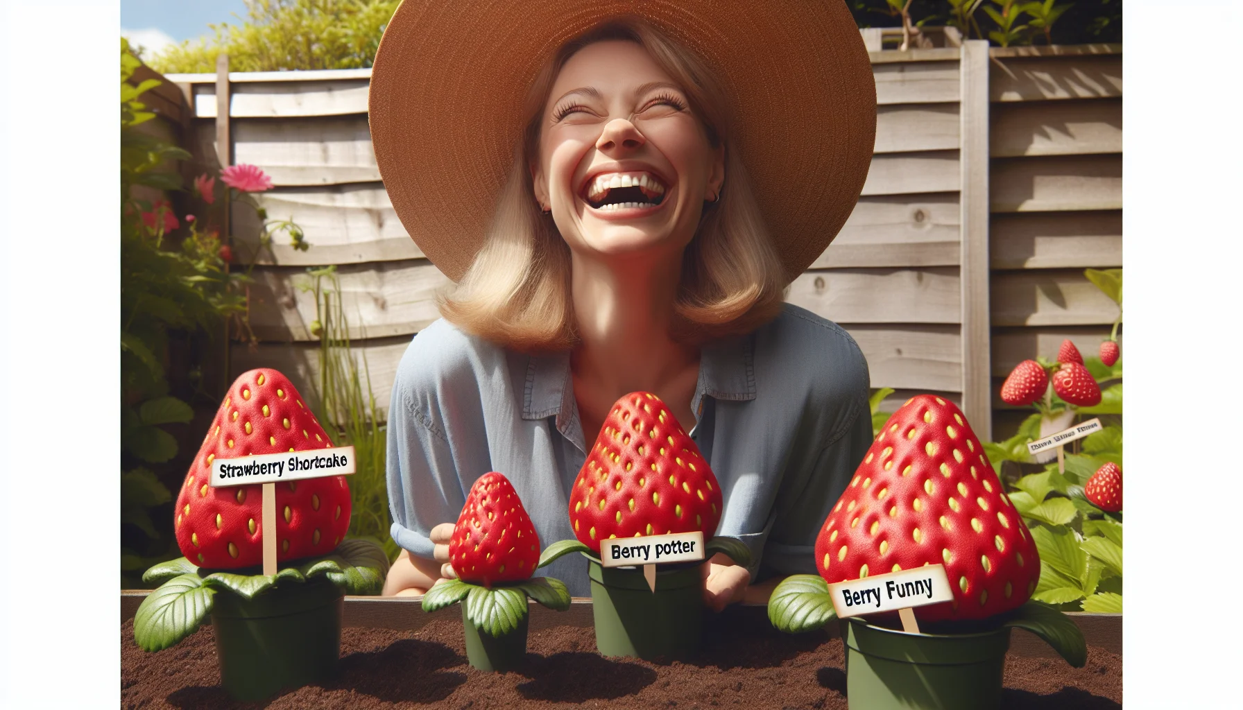 Imagine a humorous outdoor gardening scene. A Caucasian female gardener with a large straw hat is laughing while she observes giant strawberries in her garden. Each strawberry has a unique name tag attached to it like 'Strawberry shortcake', 'Berry Potter', and 'Berry Funny'. The scene is sunny, promoting a warm and inviting atmosphere, making the viewer feel the joy of gardening and the thrill of growing their own produce.