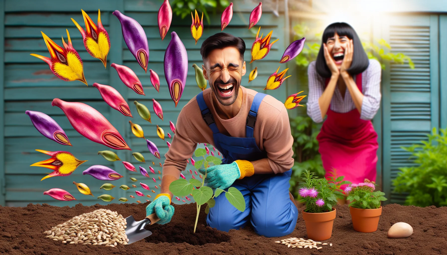 Create a comical scenario featuring a variety of vibrant swallowtail garden seeds. Picture a male South Asian gardener, chuckling heartily as he tries to plant these seeds but they keep popping out of the ground like little fireworks. Nearby, a female Caucasian gardener is completely amused, clearly seen enjoying the extraordinary gardening experience. The atmosphere is vibrant and fun-filled, enticing everyone to partake in the joys of gardening.