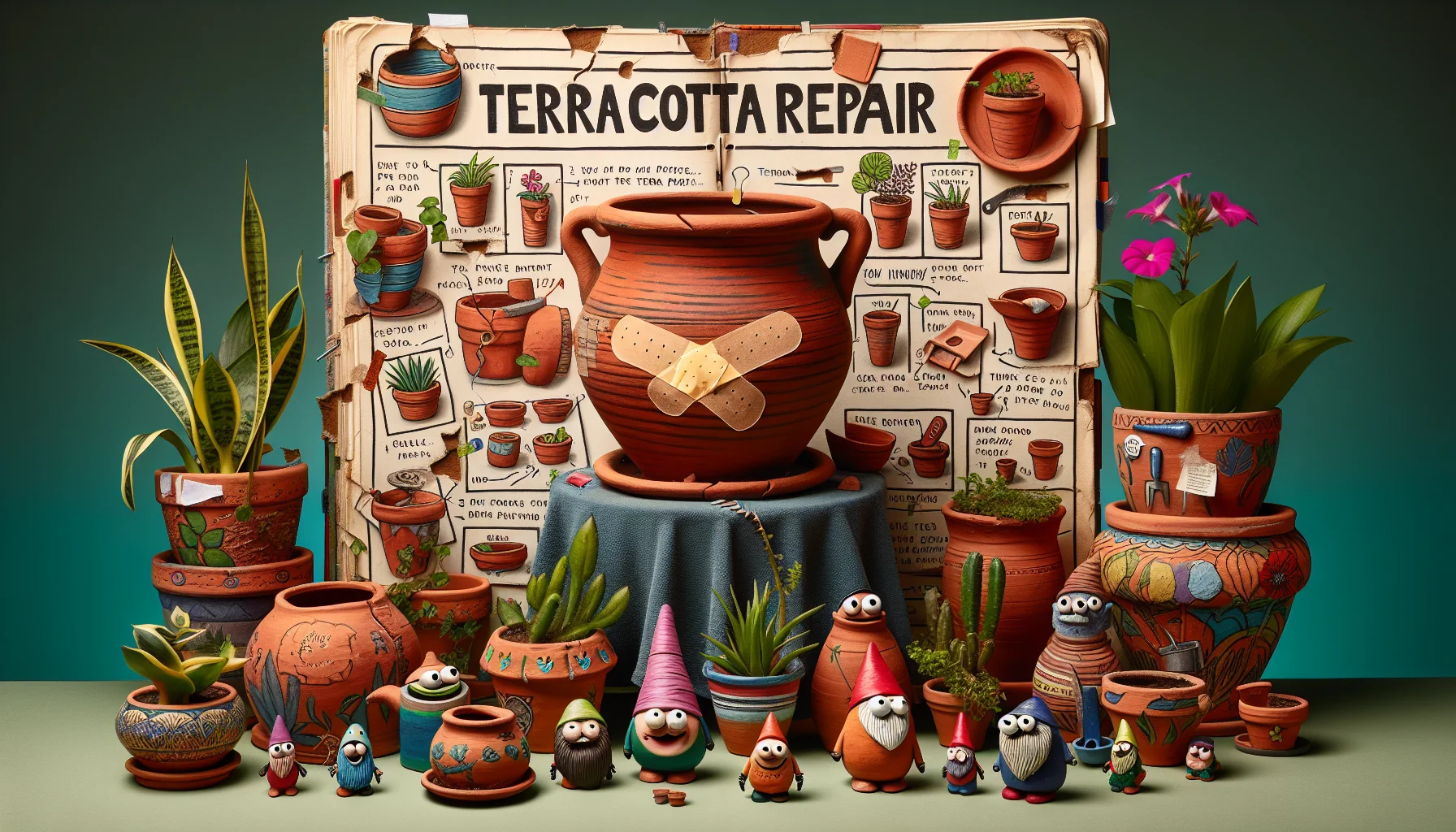 Create a thoughtfully composed scene that humorously promotes the enjoyment of gardening. In the center, there's a tattered and well-loved Terra Cotta Repair Guide, brimming with funny annotations and playful illustrations, perhaps even one of a terra cotta pot sporting a band-aid with a smile. Surrounding this, an array of vibrant plants and quirky terra cotta pots in various shapes and sizes. Some brandishing unique DIY repairs, such as colorful duct tape or glued-on pieces of other pot shards. Lastly, a couple of garden gnomes standing nearby, seemingly engrossed in reading the guide and attempting reparations themselves.