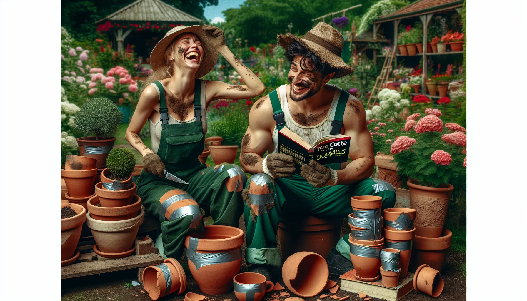 Imagine a humorous scenario in a vibrant garden. In this scene, you can see a Caucasian female gardener wearing her green overalls and sunhat, with dirt smudged on her face, laughing as she tries to repair a broken terra cotta planter with duct tape. Beside her, a Black male gardener is intently reading an old-fashioned 'Terra Cotta Repair for Dummies' book, with a puzzled expression on his face. Various broken and mended terra cotta pots are scattered around them, and a lush background of blooming flowers and well-tended green plants adds to the delightful and inviting atmosphere.