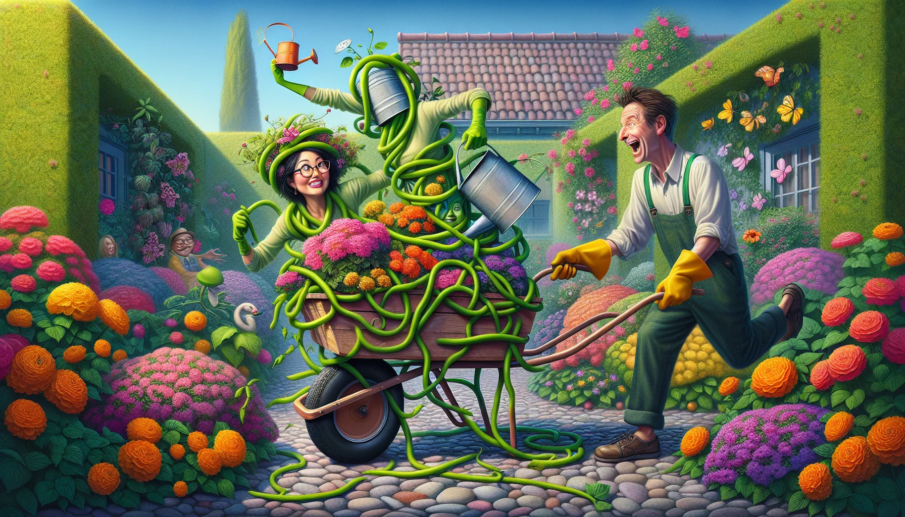 A hilariously whimsical scene depicting The Artistic Gardener, a character known for their love of nature. Picture a South Asian woman with a vivid green thumb, playfully tangled up in creeping, brightly colored vine plants in the midst of a beautiful, overflowing garden. She's trying to balance a watering can on her head, wearing a pair of oversized gardening gloves and an expression of surprised enjoyment on her face. Her Caucasian male companion is laughing heartily, attempting to manage a wheelbarrow full of blooming flowers that are teetering on the edge of overturning. The scene communicates the sheer joy and unexpected hilarity that can come from a passionate commitment to gardening.