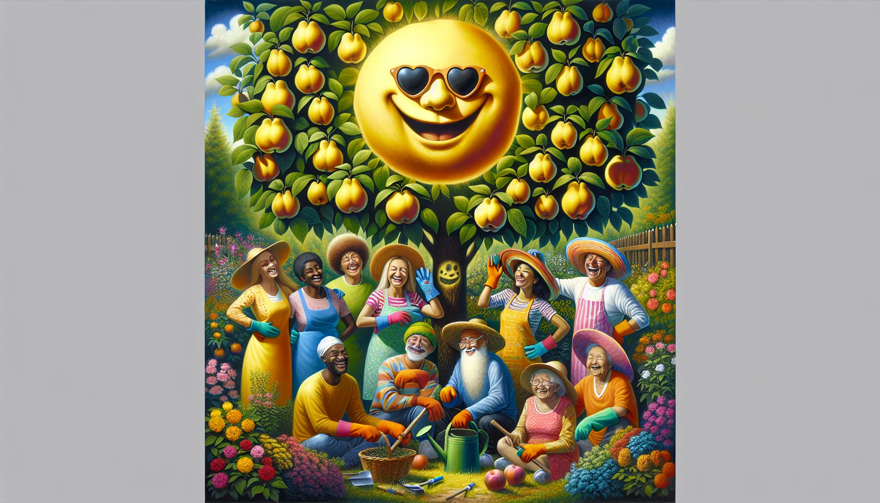 Create an image of a large quince tree with ripe, golden fruits, set under a brilliant sun that's depicted in a humorous way, perhaps with a large smiling face or cartoonish sunglasses. Underneath the tree, paint a diverse group of people - a Caucasian woman, a Black man, a Hispanic child, a Middle-Eastern elderly man, and a South Asian woman - all wearing colourful gardening attires, gloves, and sun hats. They are thoroughly enjoying gardening, chuckling over a joke, and urging others to participate in their joy of nurturing plants. Their vibrant garden is filled with various flowering plants, vegetables and herbs, showing the satisfaction one can get from gardening.