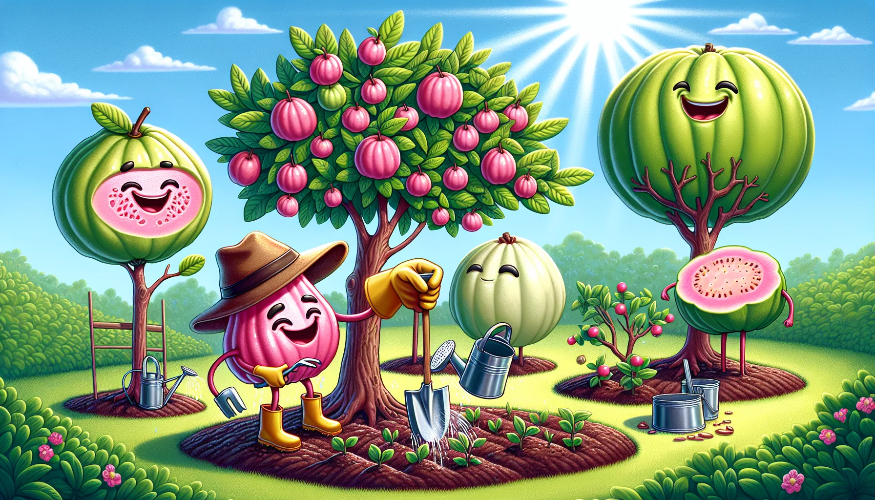 Imagine a humorous gardening scene under bright sunlight. Various types of guava trees are abundantly bearing fruit. The Pink Guava, White Guava, and Thai Maroon Guava are all present, each showing off their distinctive colors and shapes. They have been anthropomorphized: the Pink Guava is wearing an old fashioned gardener's hat and gloves, planting a new tree with a tiny shovel. The Thai Maroon Guava is holding a watering can, sprinkling water on seedlings. And the White Guava, with a pair of pruning shears, is carefully trimming a bush into the shape of a guava. They all have faces with exaggeratedly happy expressions, encouraging the viewers towards the joy of gardening.