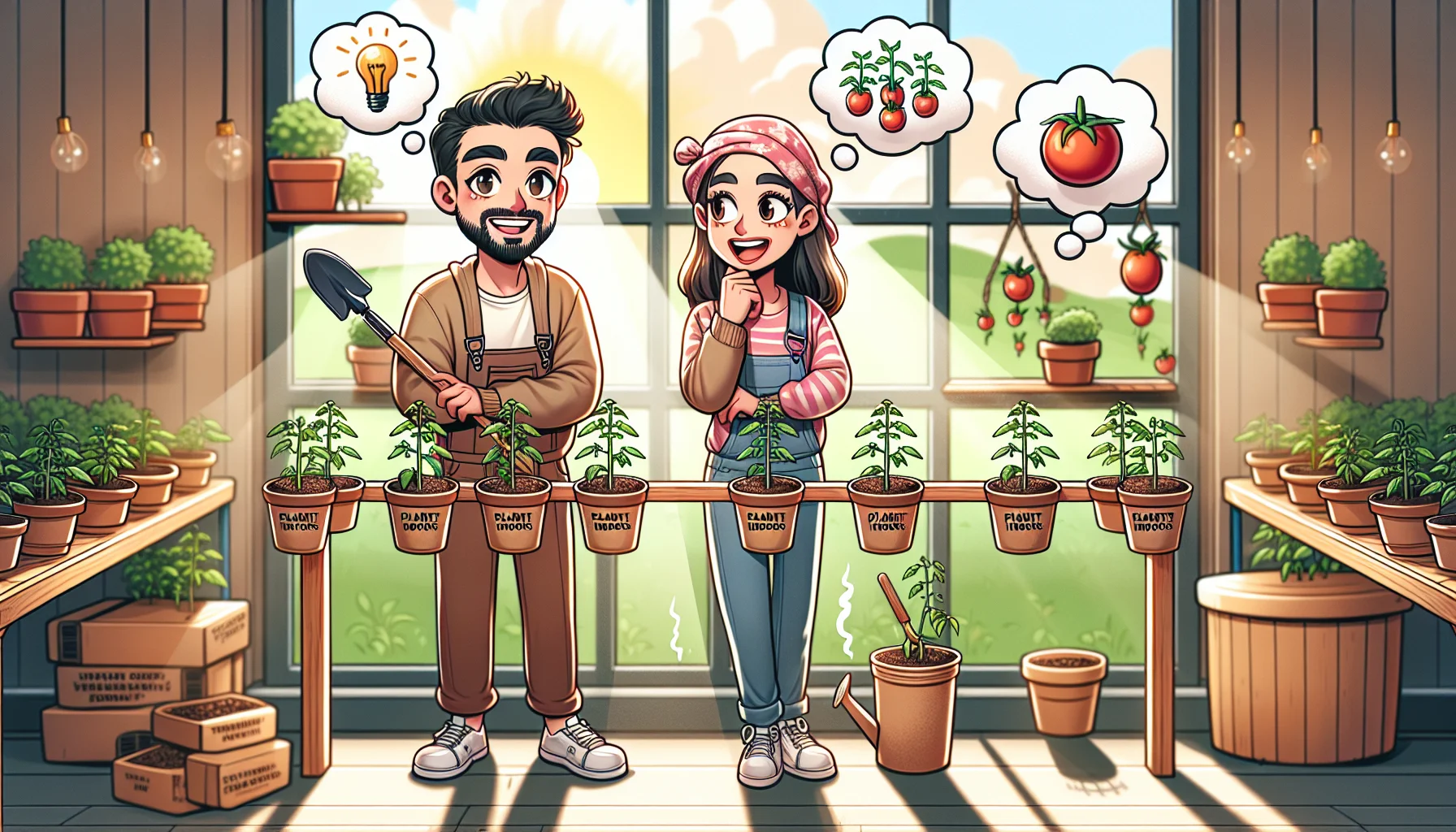 Imagine an amusing and engaging scenario that invites people to engage in gardening. In the scene, you'll see a Caucasian man and a Middle-Eastern woman, both with a big smile on their face, standing in their indoor garden. Landscape is filled with hanging pots of tiny sprouting tomato plants with miniature hallmarks indicating 'Plant tomatoes indoors'. The sun shines brightly through the window, creating a warm ambiance. They each have a gardening tool in hand, and cartoon thought bubbles showing tomato plants in different growing stages. This setting provides a realistic visual guide to when one should plant tomato seeds indoors.