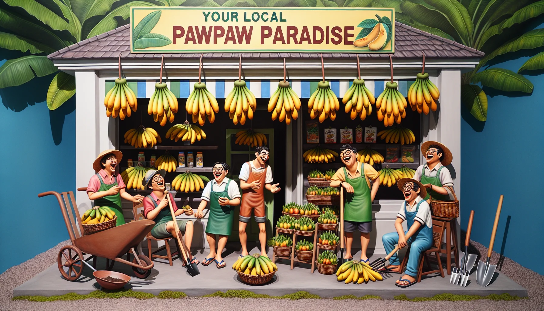 Show an illustrative image portraying the humorous scene of a quaint local fruit shop, teeming with ripe pawpaw fruits in banana-like clusters hanging from the display. Add to this the intriguing sight of a group of people from diverse descents, laughing and sharing a communal gardening experience on the side. Include details like trowels, fruit baskets, and gardening hats. The signboard of the shop should read 'Your Local Pawpaw Paradise' and the ambience filled with a friendly, jovial vibe enticing every viewer to join in on the gardening fun.