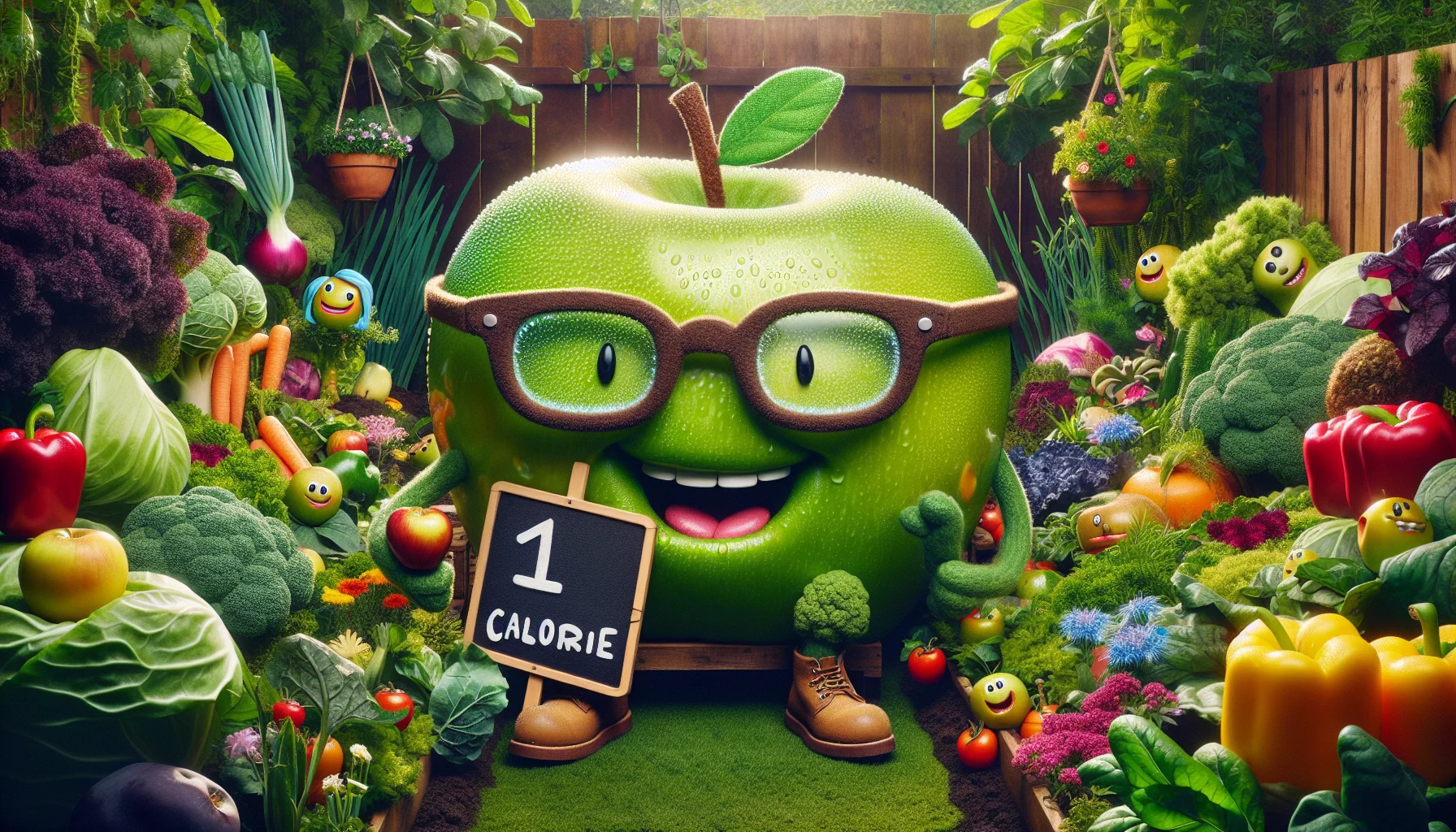 Create a playful and humorous scene set in a bountiful garden. In the center, a large, juicy green apple takes center stage. It is wearing an oversized pair of glasses and it holds a big sign with '1 calorie' written on it in bold, colorful letters. The apple is surrounded by an audience of other fruits and vegetables, all smiling and laughing at the apple's antics, creating a sense of camaraderie and community. Thick foliage, dew-kissed leaves, rich soil, and vibrant plants and flowers in various stages of growth convey the beauty and gratification that come with gardening. The scene imbues the joy of gardening while also humorously promoting the health benefits of eating fresh produce, particularly the low-calorie green apple.
