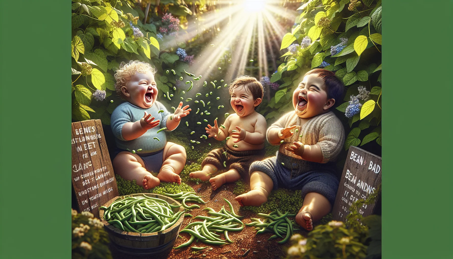 Craft an image capturing a humorous gardening scenario. Show chubby, giggly Caucasian and South Asian toddlers sitting amidst a patch of bush green beans. They're playfully tossing beans in the air, their laughter echoing throughout the garden. Radiant sunshine streams over them, accentuating the lush green foliage around, and casting soft, dappled light that dances on their faces. A weathered wooden signboard rests nearby, the playful scribbling on it reading 'Bean Bandits at work'. This lighthearted setting should inspire a love for gardening and nature.