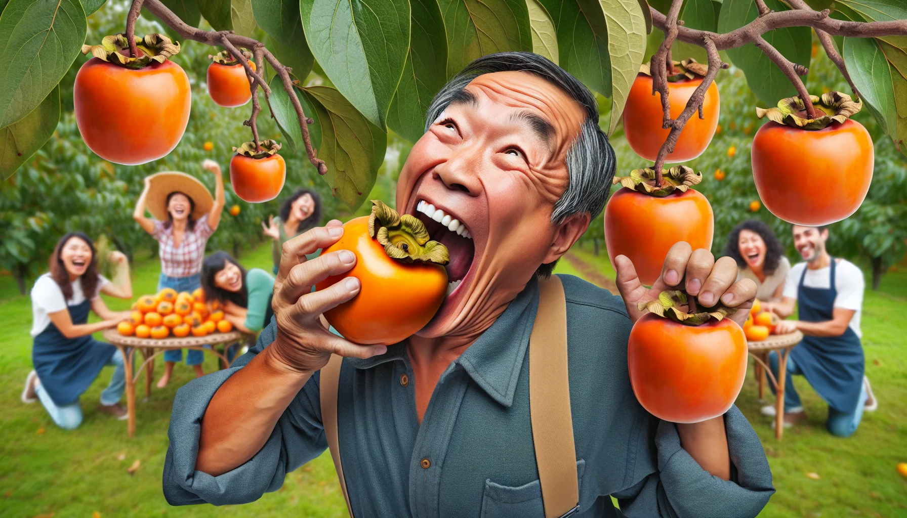 Compose an image of a playful scenario in a lush garden. Display an Asian man joyfully biting into a ripe persimmon, the juice overflowing down his chin. He has a humorous expression of exuberant delight on his face, which also reveals layers of the full, luscious skin of the persimmon. Around him, ripe persimmons hang from the trees, their vivid orange color contrasting with the green foliage. The background includes people, Hispanic women, laughing and interacting, clearly enjoying their time gardening. This image portrays a funny and enticing showcase that eating persimmon skin is both possible and appetizing.