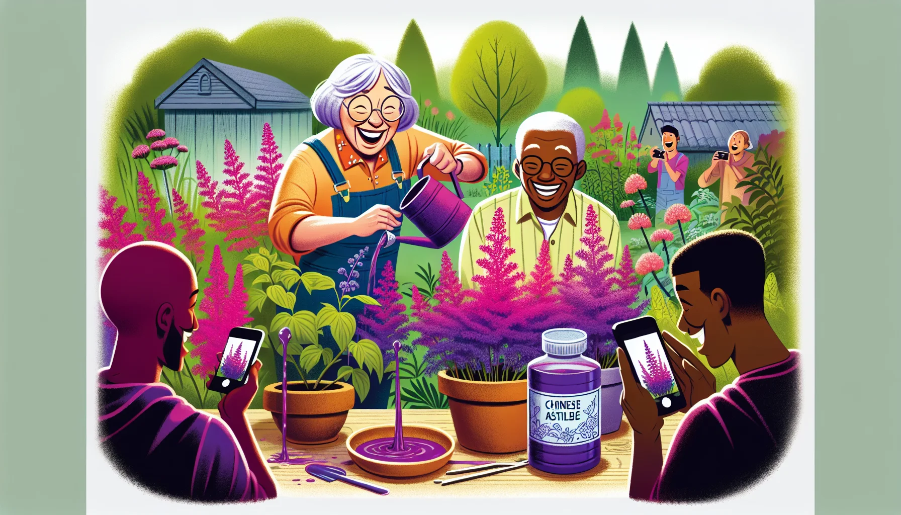 Illustrate a humorous gardening scenario featuring Chinese astilbe plants. Possibly depict a middle-aged woman of Hispanic descent unknowingly pouring what she believes to be water, but is actually a vibrant, harmless, biodegradable purple dye on her beloved plants, eliciting a surprise when they momentarily change color. Add to the scene a young Black teenager capturing this amusing incident on their smartphone, laughing heartily. In the background, let there be a lush greenery of various flowering plants, showcasing the beauty of gardening and encouraging others to partake in this pastime.
