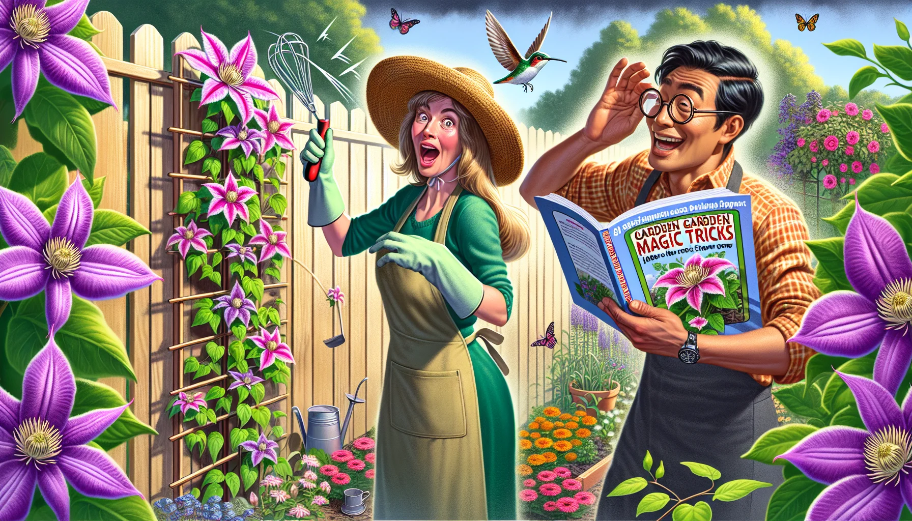 Imagine an amusing and enticing scenario depicting the bloom time of clematis flowers which encourages people to engage in gardening. A Caucasian woman with a green thumb, wearing gardening gloves and a sun hat, is surprised as a clematis vine on a trellis in her garden suddenly grows taller in fast motion. Nearby, a South Asian man chuckles while adjusting his glasses and holding a manual titled 'Garden Magic Tricks: Clematis Speed Growth' under his arm. The background is filled with various colorful flowers in full bloom, hummingbirds fluttering, and butterflies adding charm to the scene.