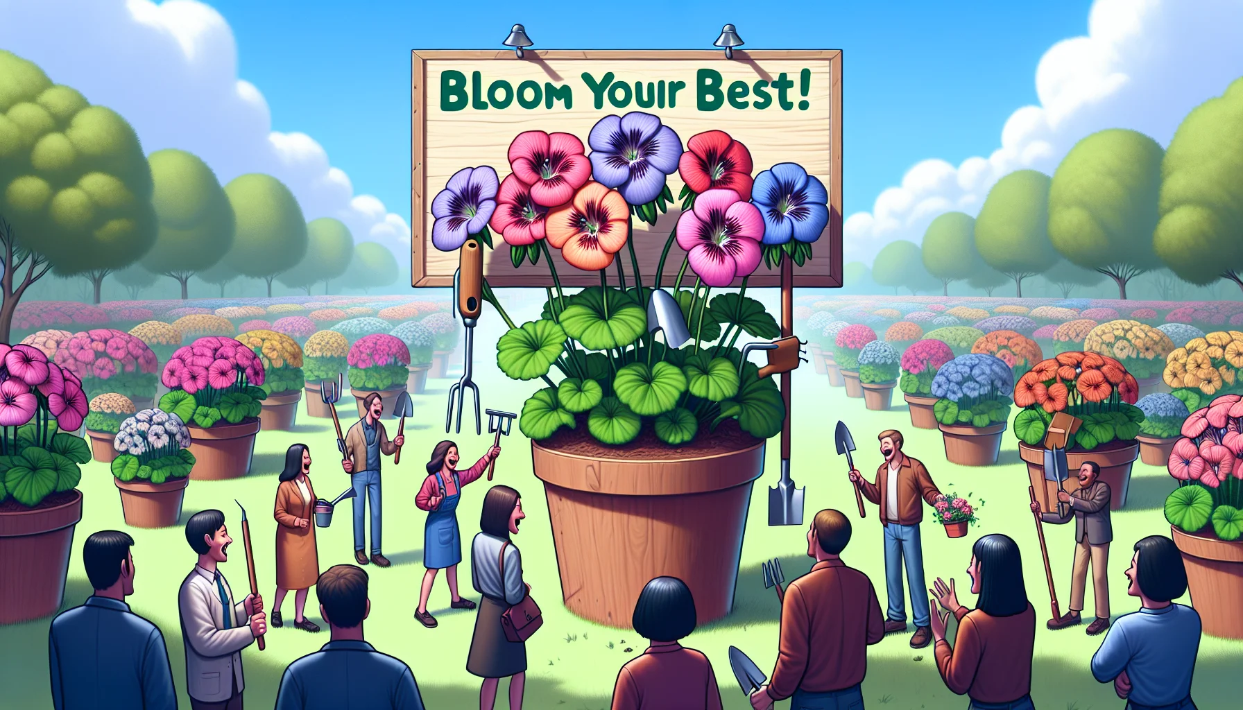 Generate an amusing, realistic scene featuring cranesbill (geranium) flowers. The colorful, blooming cranesbill flowers are participating in an imaginary gardening competition with tools in their leaves, under a sunny, blue sky with fluffy clouds. In the foreground, a light-hearted sign reads 'Bloom Your Best!' with cranesbill flowers seemingly popping out from the letter 'o' in bloom, embodying fun and enthusiasm for gardening. The scene encourages people from diverse descents - East Asian, Hispanic, White, Black - of different genders, laughing and engaging in friendly competition in the background.