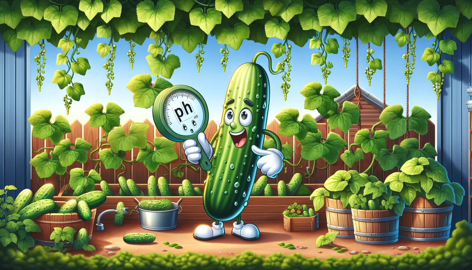 Create a humorous and realistic depiction of gardening with a focus on cucumbers. Picture a lovely garden filled with lush, healthy cucumber plants, hanging vines, and shiny green leaves. To link the concept of pH, we could have a cartoon-like pH meter character playfully interacting with a cucumber. It might measure the pH of a giant cucumber and appear amazed at its perfect pH level. All these elements inspire and entertain garden enthusiasts while subtly informing them about the significance of maintaining appropriate pH in gardening.