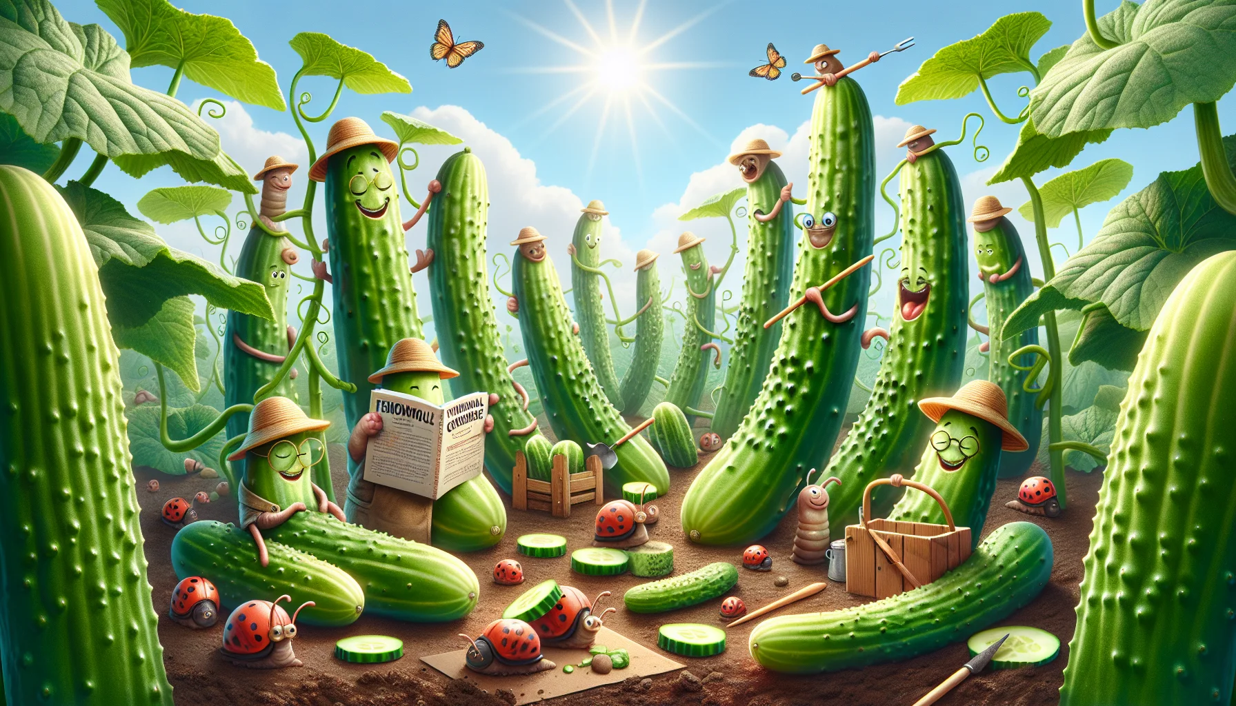 Create a whimsical scene of cucumber season highlighting the joy of gardening. Picture this scenario as a miniature world, where earthworms are wearing teeny gardener hats and using toothpick tools to tenderly care for lush, towering cucumber plants. Several plump, ripe cucumbers have comic faces and a few have sprouted tiny limbs, playfully climbing their own plants. A family of ladybugs is having a picnic with cucumber slices, while a snail, sporting a pair of glasses, is reading a 'Guide to Phenomenal Cucumber Care'. Showcase all these fun elements under a bright sunny sky, emphasizing a warm, inviting atmosphere to encourage people to enjoy gardening.