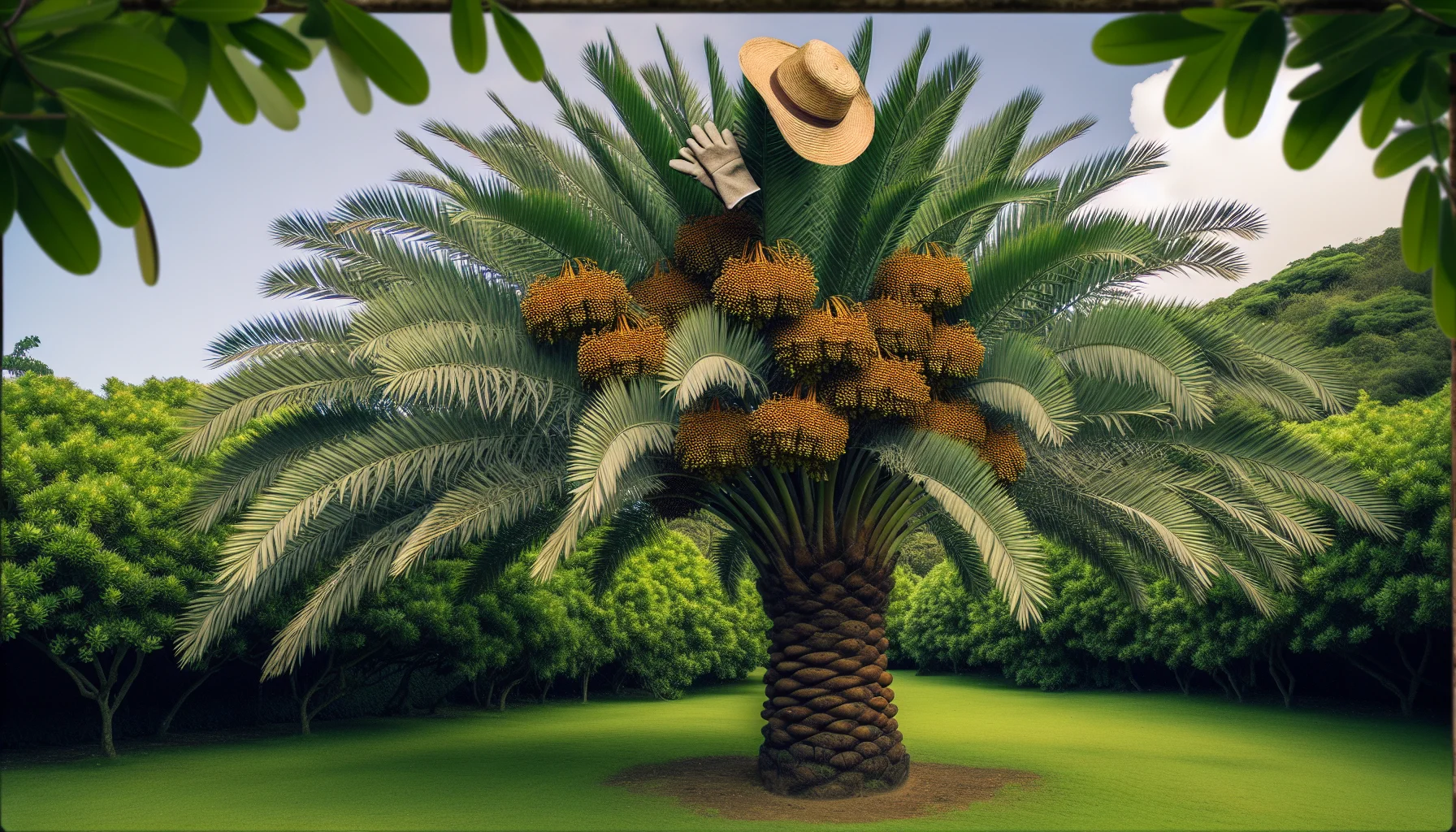 Imagine a whimsical scene centered around a tall, robust date palm tree. It's situated in a lush, verdant garden. Its lush green fronds are rustling in the breeze, and its branches are laden with clusters of golden dates. Picture the curious sight of a pair of garden gloves and a straw hat perched humorously atop the uppermost leaves, as if the tree is trying to imitate a gardener. The tree stands tall and proud, encouraging passersby with its playful demeanor, suggesting that anyone can enjoy the rewarding and lighthearted aspects of gardening.