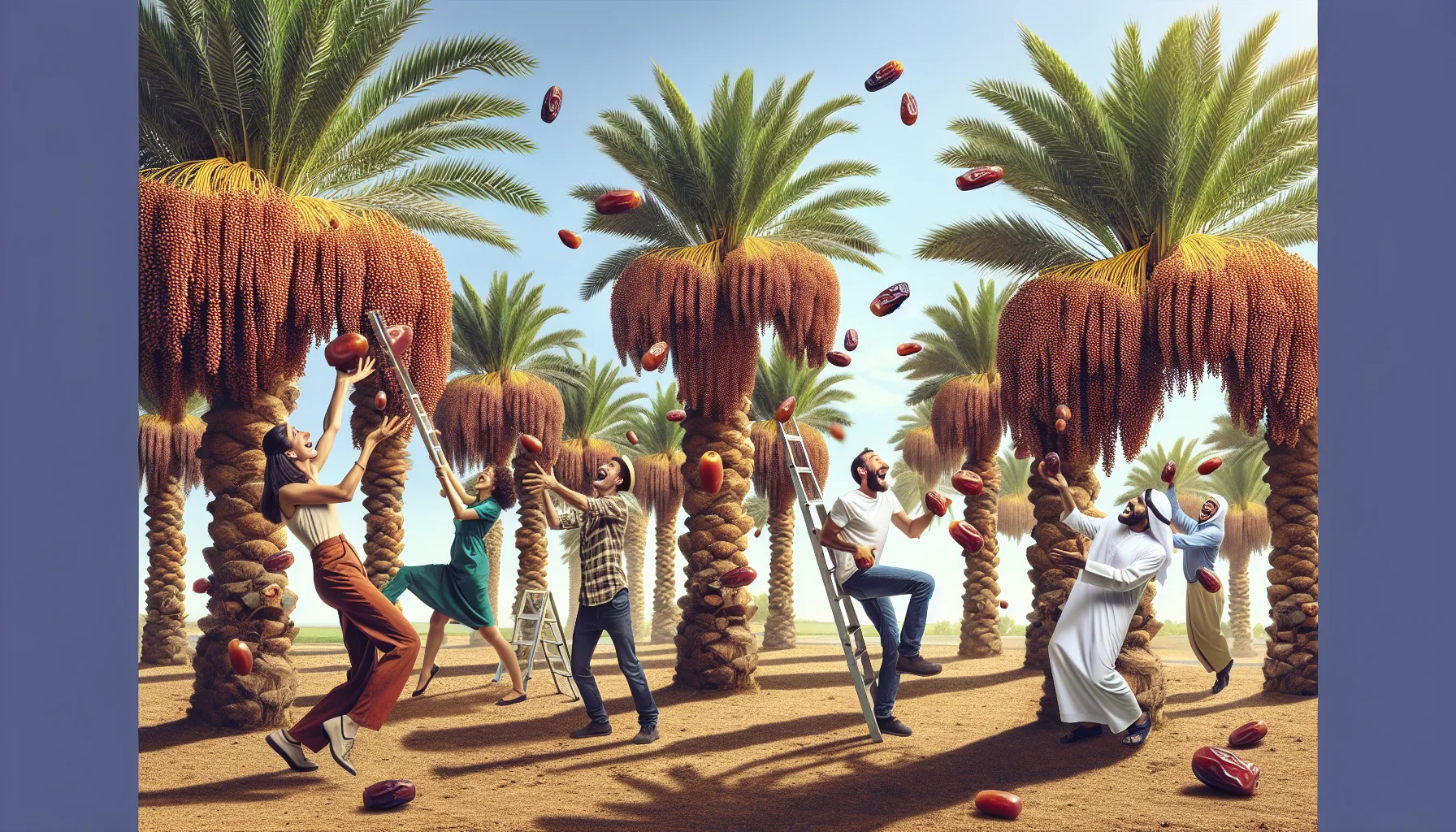 Create an eye-catching and humorous scene focused on date palms. Visualize the trees in a lively garden, stretching tall toward the clear blue sky. Each one is full of ripened dates, almost tilting with the weight. A group of people, including a jubilant Caucasian woman, an enthusiastic South Asian man, a joyful Middle-Eastern man, and a delighted Black woman actively participate in the harvest. Their amusing antics, like carrying ladders clumsily or having overhearing dates tumble onto their hats, serve to invite the viewers into the joy of gardening.