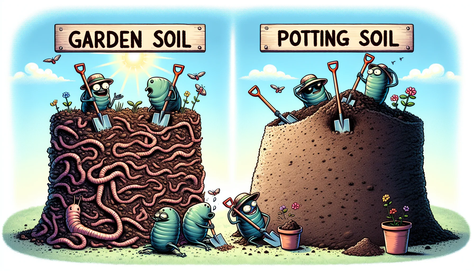 Generate an image depicting a humorous scene that highlights the differences between garden soil and potting soil. Picture two distinct piles of soil, one labeled as 'Garden Soil' looking robust with visible earthworms and small plants sprouting, and the other as 'Potting Soil' showcasing a finer, lighter, and airy consistency. The scene making it funny could be a trio of caricature bugs with gardening hats, all flabbergasted trying to shovel the garden soil while it's easier to maneuver the potting soil. Add subtle details such as sun shining bright overhead with chirping birds to encapsulate the joys of gardening.
