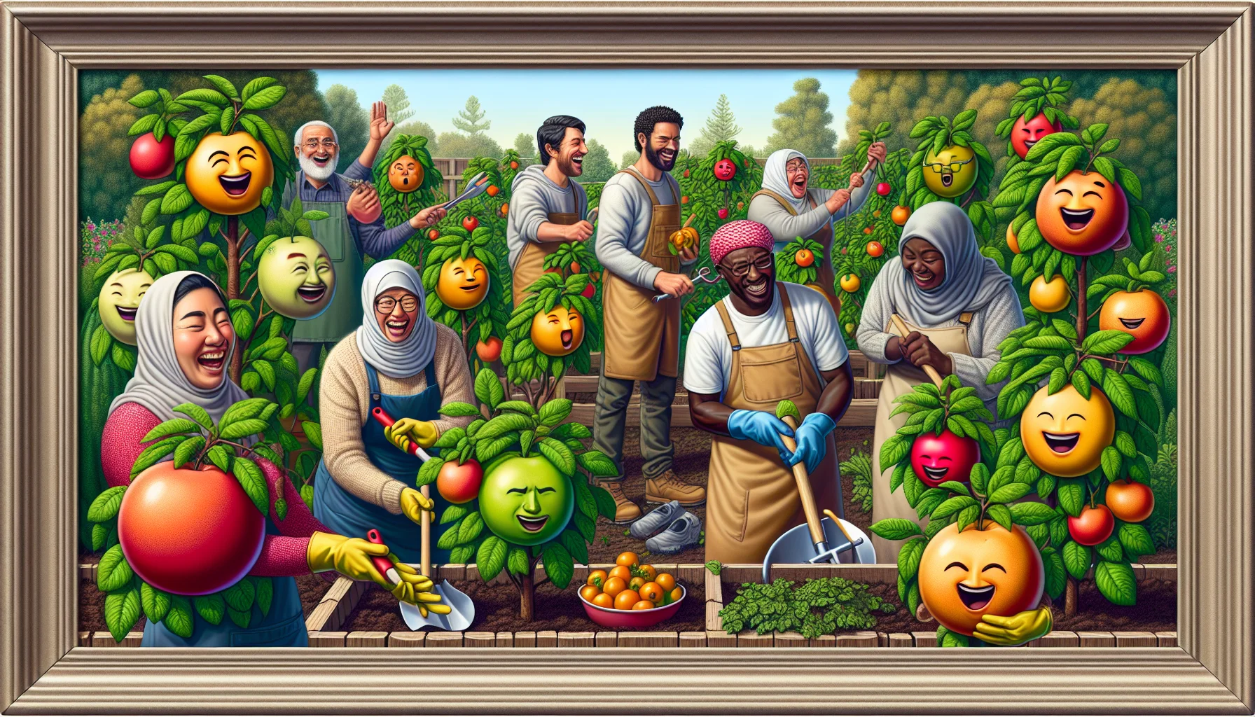 Create a detailed and realistic image that depicts Durham fruit plants in an amusing scenario aimed at encouraging people to enjoy gardening. The frame should showcase a garden setting with multiple Durham fruit plants bearing vibrant, ripe fruit. There are people of various descents and genders, such as a Middle-Eastern woman, a Hispanic man, a Caucasian man, and a Black woman, joyfully engaged in gardening activities. They are laughing, swapping tools, pruning plants, or harvesting fruit. Some Durham fruit plants have come to life, wearing goofy expressions or sunglasses, evoking a playful and positive atmosphere.