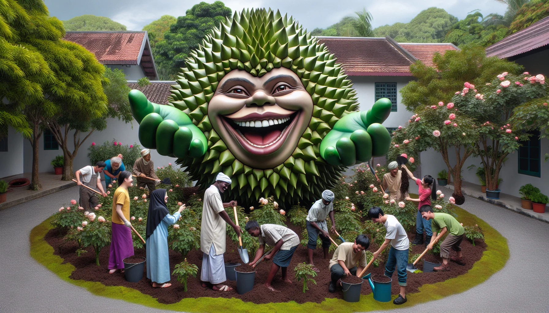 A humorous and captivating scene of an oversized, hyper-realistic durian flower involved in a lively gardening tableau. The opulent flower has a jovial expression, beckoning onlookers with green, leaf-like hands. Surrounding it, a multi-ethnic group of people, laughing and cooperating in gardening endeavors. To the left, a Caucasian male digs at the ground in preparation for planting seeds, alternating by a Black female carefully trimming rose bushes. To the right, a Middle-Eastern boy and a South Asian girl are seen collectively watering the plants, their faces exuding joy and intrigue. The whimsical atmosphere should convey the enjoyment and fulfillment derived from gardening.