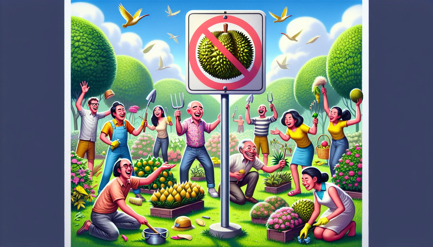 A humorous scene is set in a public park. To our surprise, there's a large prohibitory sign of a durian fruit indicating it's banned, perhaps due to its notorious smell! Just beside the sign, a dynamic array of people of various descents like Caucasian, Hispanic, South Asian are engaging in the joyous activity of gardening. They are tending to a beautiful variety of plants, flowers, and fruits other than durian, their faces filled with delight. Reminiscent of a sunny day, this scene promotes gardening as an all-inclusive, entertaining hobby.