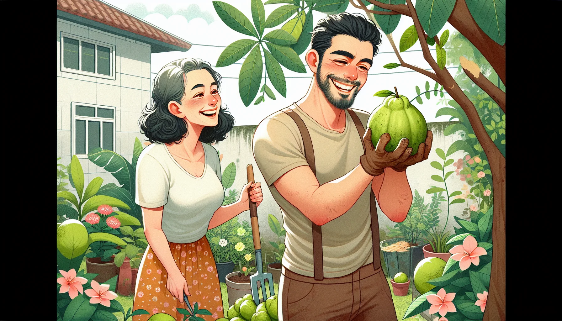 Generate an image of a light-hearted and amusing scenario where a Caucasian woman and a South Asian man are enjoying gardening. They are surrounded by luscious green plants and colorful flowers in a quaint backyard garden. The man is standing by a guava tree, plucking a ripe and juicy guava off with a big smile on his face, whilst the woman watches him, amused and delighted. Their clothes are slightly dirty, indicating their hard work, and their faces are flushed with joy. This picture is an illustration of the simple bliss of gardening and enjoying the fruits of one's labor, quite literally.