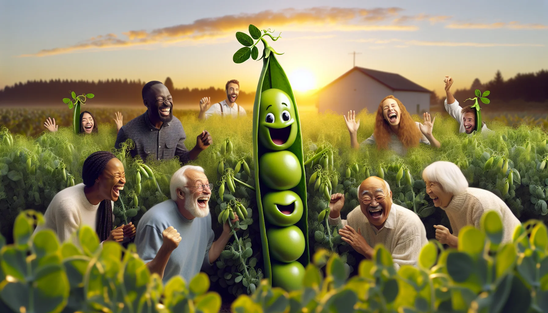 Create an amusing and realistic scene that motivates people to enjoy gardening. The garden is abundant with English peas that have grown into giant legumes. They are playfully engaged in a tag game, with two peas as the players and the third, with a big smile on its face, acting as the referee. The garden is set against a morning sunrise with a warm golden hue touching the plants. Male and female gardening enthusiasts of diverse descents, Caucasian, Hispanic, Black, Middle-Eastern, South Asian, are watching and laughing at this charming spectacle, inspired to take part in the cultivation of their own gardens.