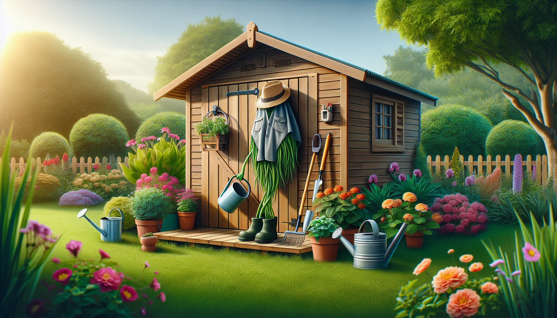 Illustrate a delightful and hilarious scene of a garden shed with an attached porch, standing amidst a lush green lawn. On the porch, picture a few gardening tools like a watering can, a pair of shears, and a straw hat comically arranged in such a way that they seem to be a person engaging in gardening. Around the shed display flourishing plants and beautiful, blooming flowers of different kinds, suggesting an inviting and thriving garden. The sun is shining warmly, causing a lovely interplay of shadows and light, capturing the joy and humor that comes with the activities of home gardening.