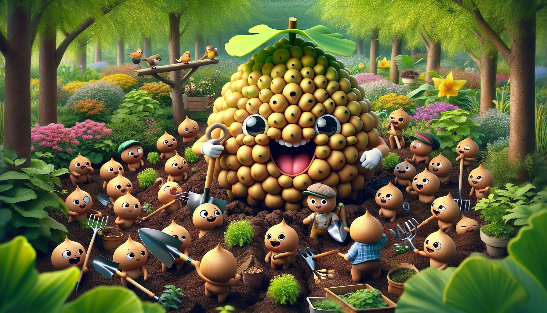 An amusing and realistic scene revolving around a ginkgo berry. In this lush garden, the ginkgo berry has countless cute, cartoon eyes and a large grinning mouth. To its side, a group of gardening tools with animated expressions dutifully follow instructions from the humorous ginkgo berry leader, turning the soil and planting seeds. They are surrounded by thriving plants of various colors and sizes. Birds and squirrels occasionally come to watch, their laughter evident in their bright eyes. This lively scene captures the joy of gardening and the allure of the ginkgo berry in a lighthearted way.