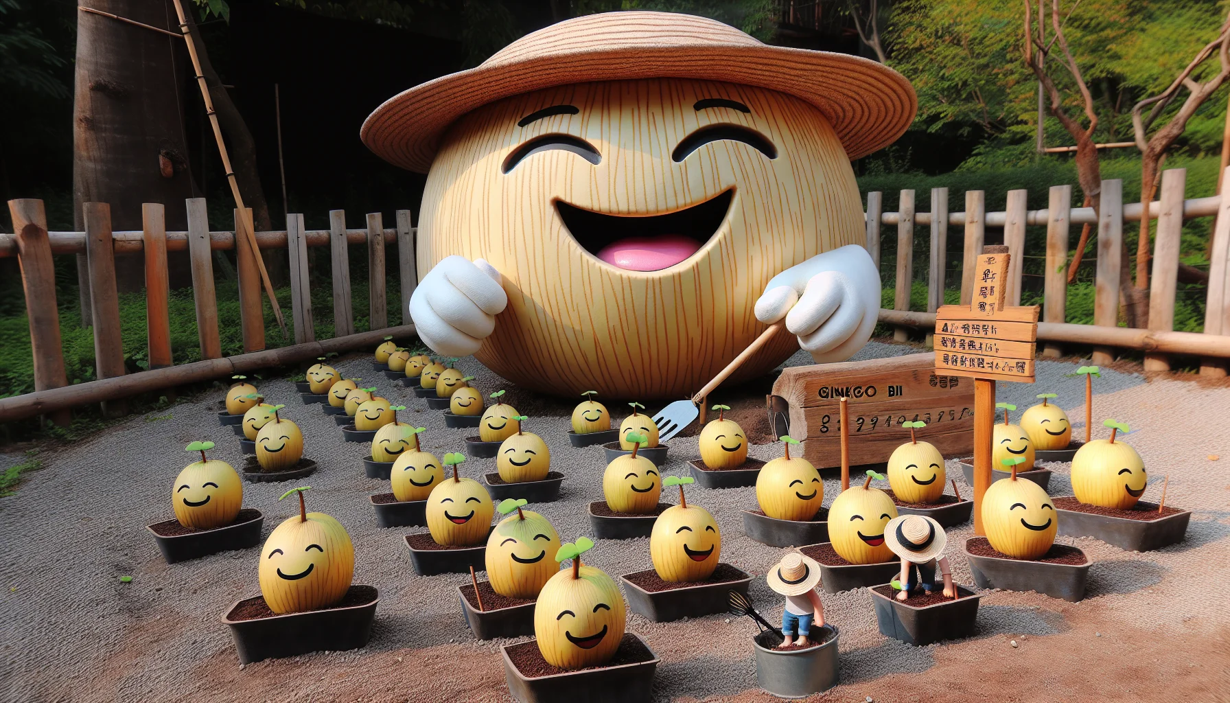 Create a visual representation of a whimsical garden scene starring ginkgo biloba fruits. In the image, a giant ginkgo biloba fruit, with a wide, beaming smile painted on it, is enthusiastically tending to smaller ginkgo biloba fruits lined up in rows like seedlings. The small fruits are brought to life with tiny arms and legs, some wearing straw hats or sunglasses, seemingly enjoying the sunny day. A wooden signboard anchored in the corner of the garden reads, 'Ginkgo Biloba: The Joy of Gardening!'. An atmosphere of fun, laughter and care for plants pervades the scene, encouraging viewers to appreciate gardening.