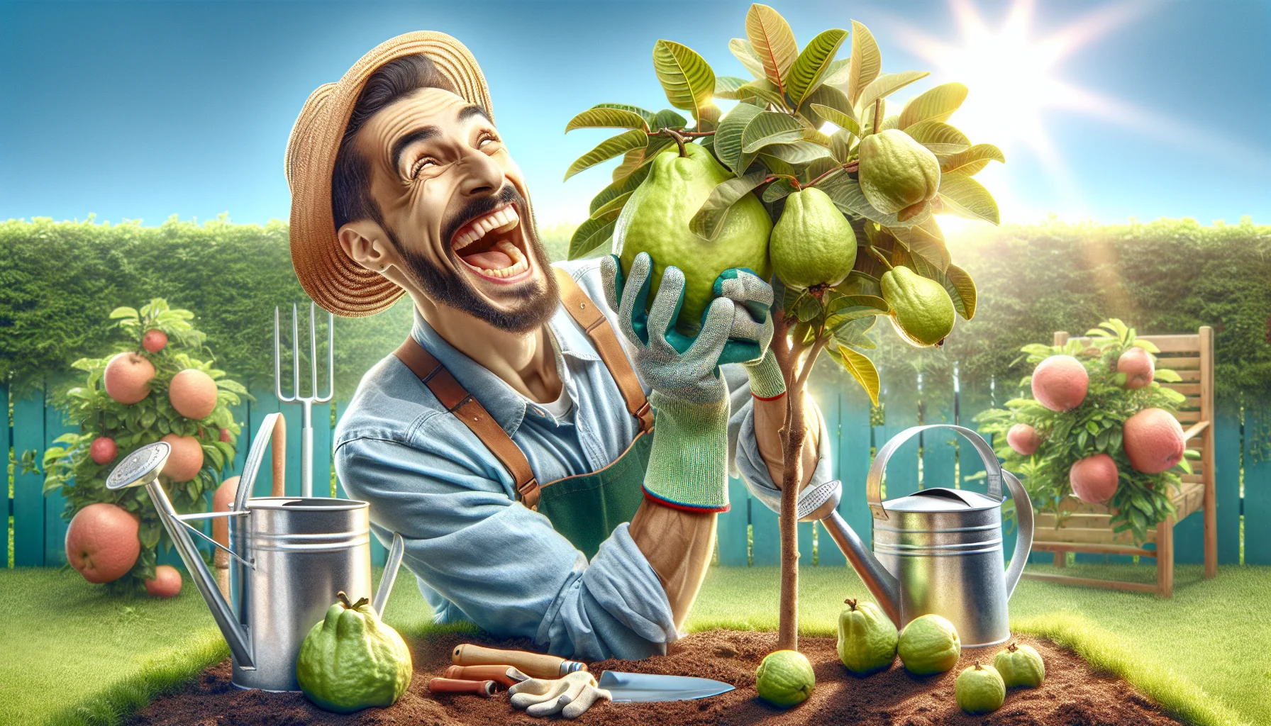 An amusing and realistic image portraying a person engaging in gardening and enjoying a guava. The person, a Middle-Eastern male, is seen laughing as he playfully tries to bite into the fresh, juicy guava. Nearby is a flourishing guava tree with luscious fruits hanging on its branches. The bright sun is shining in the clear sky, casting a warm light on the scene. The backdrop includes a well-kept garden with other fruits and vegetables, thereby encouraging the joy of gardening. Accessories like a watering can, garden gloves, and a straw hat add charm to the setting.