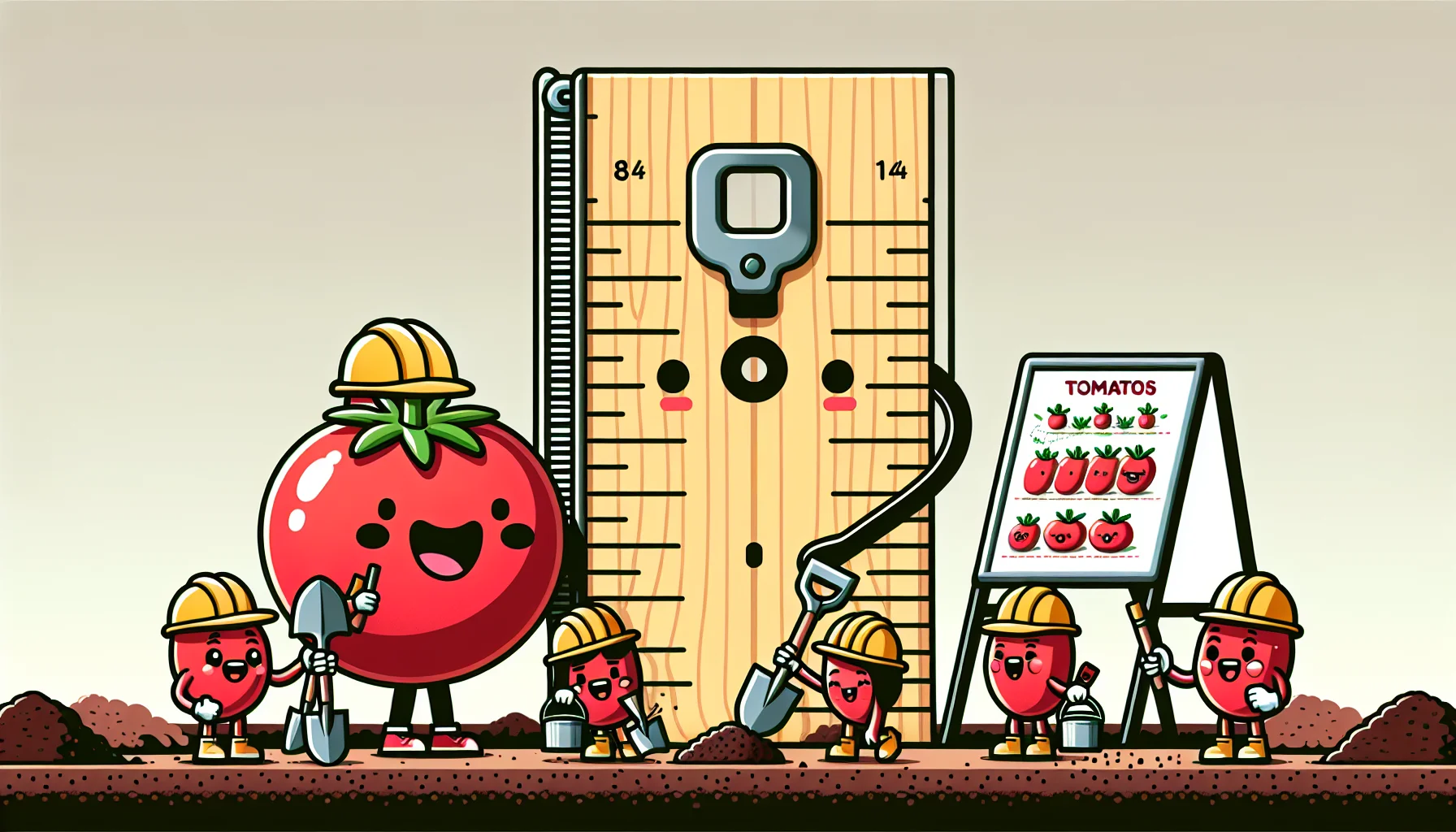 Generate a fun, lighthearted image of a small to medium-sized garden. The center of the scene is dominated by a tall tape measure, acting like a mighty totem, next to which are cute, smiling tomato seeds armed with little shovels and hard hats, ready to dive in. A whiteboard that stands nearby illustrates a cross-sectional view of soil with a guide showing that tomato seeds should be planted about 1/4 inch deep. Spectating this are human characters of diverse gender and descent, from Hispanic female to South Asian male, laughing and enjoying the quirky gardening scene.