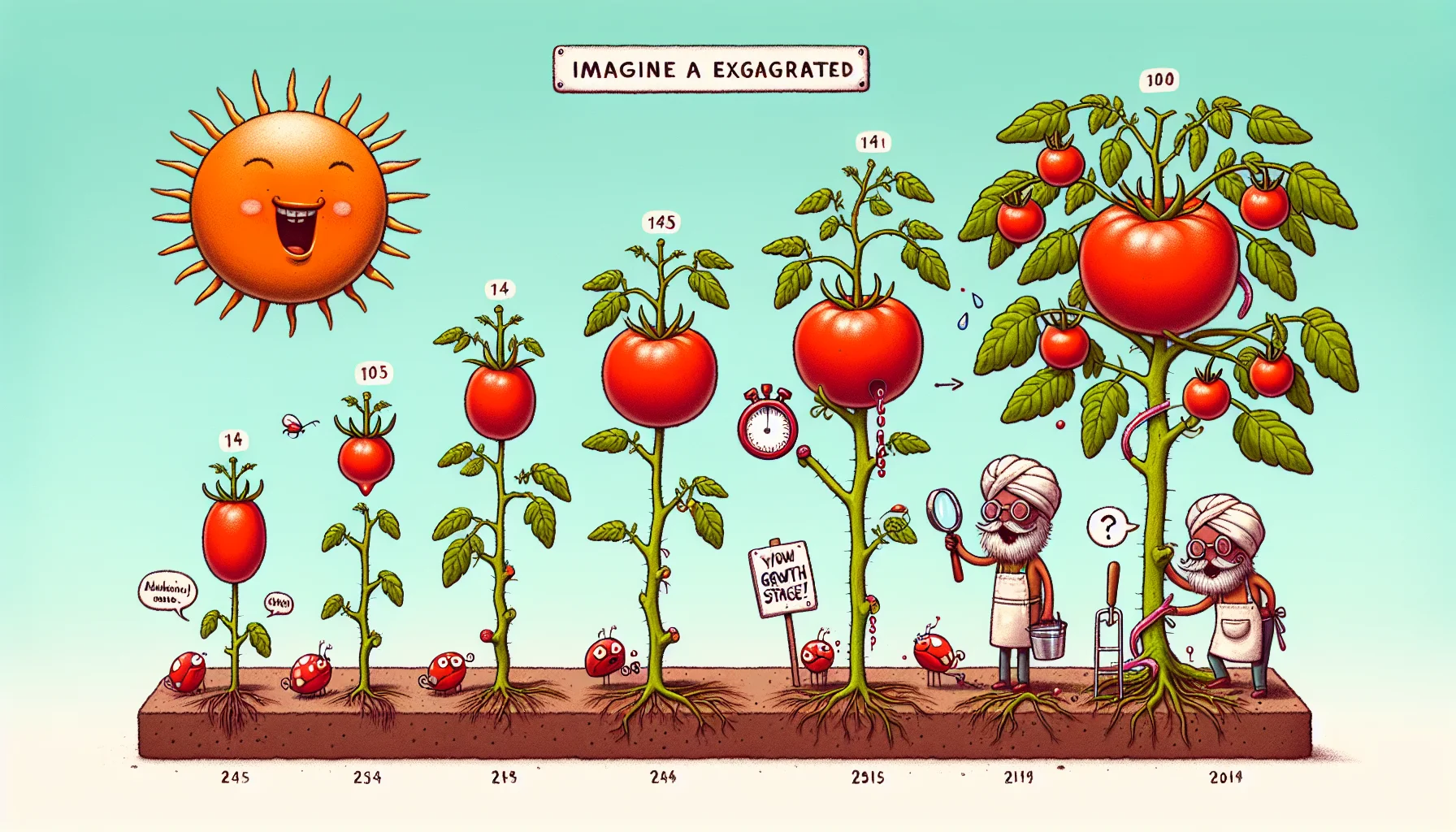 Imagine a humorously exaggerated timeline of a tomato plant's growth. At one stage, the tiny tomato seed germinates, sprouting tender green shoots. As time progresses, the plant matures, bearing lush, leafy branches. Finally, bright red tomatoes emerge, beautifully plump and ripe. This scene is conveyed using quirky elements like a cheery sun with a stopwatch, a diligently working gardener of South Asian descent with a magnifying glass tracking each growth stage, and a supportive crowd of garden bugs cheering on. The quirky and light-hearted atmosphere is intended to foster an appreciation for gardening.