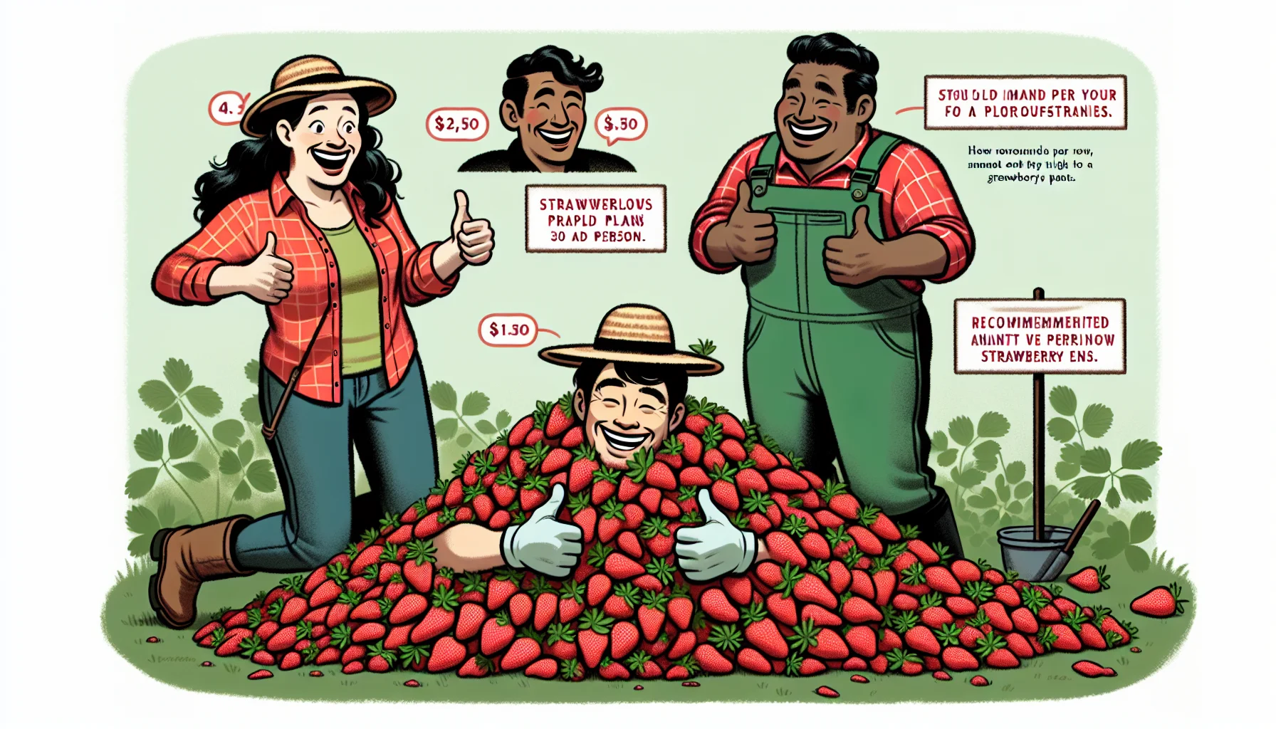 Visualize a humorous, garden-related scenario where three individuals of different descents, a Caucasian woman, a Hispanic man, and a South Asian man, are depicted. Each person, grinning from ear to ear, is standing beside a pile of strawberry plants indicating the recommended amount per person for a plentiful harvest. The Caucasian woman is astonished by her small mountain of plants. The Hispanic man, draped in garden gear, is falling backwards into a heap of strawberry plants. The South Asian man is humorously buried in strawberry plants, only his hand is visible, giving thumbs up. These fun depictions aim to inspire a love for gardening.