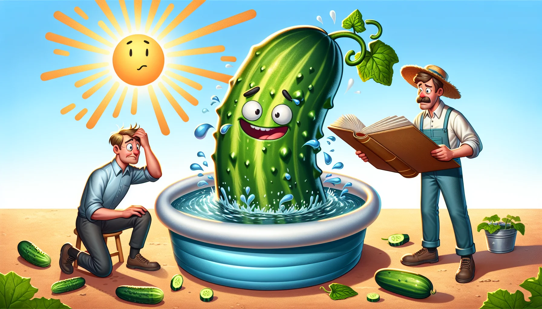 Create an image where a large cucumber wearing a playful grin lies in a baby pool filled to the brim with water. Sun rays are beaming down on it. Nearby, a gardener, a Caucasian man with blond hair and a hat, reads a giant book titled 'How much water does a cucumber need?'. He scratches his head in confusion looking at the cucumber who playfully splashes water with its vine. This lighthearted scene invites people to find joy in gardening.