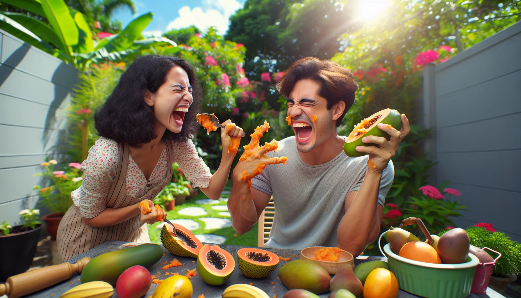 Generate a realistic scene where a South Asian man and a Hispanic woman engage themselves in an amusing paw paw eating scenario in a vibrant garden. They're surrounded by flourishing greenery in sunshine, with garden tools playfully scattered around. The woman is holding a ripe paw paw cut open, demonstrating how to scoop out the sweet pulp with a spoon. The man hilariously tries to imitate her, but ends up smearing some pulp on his face. Their laughter and the surrounding abundance of fruits and flowers paint an enticing image of garden joys.