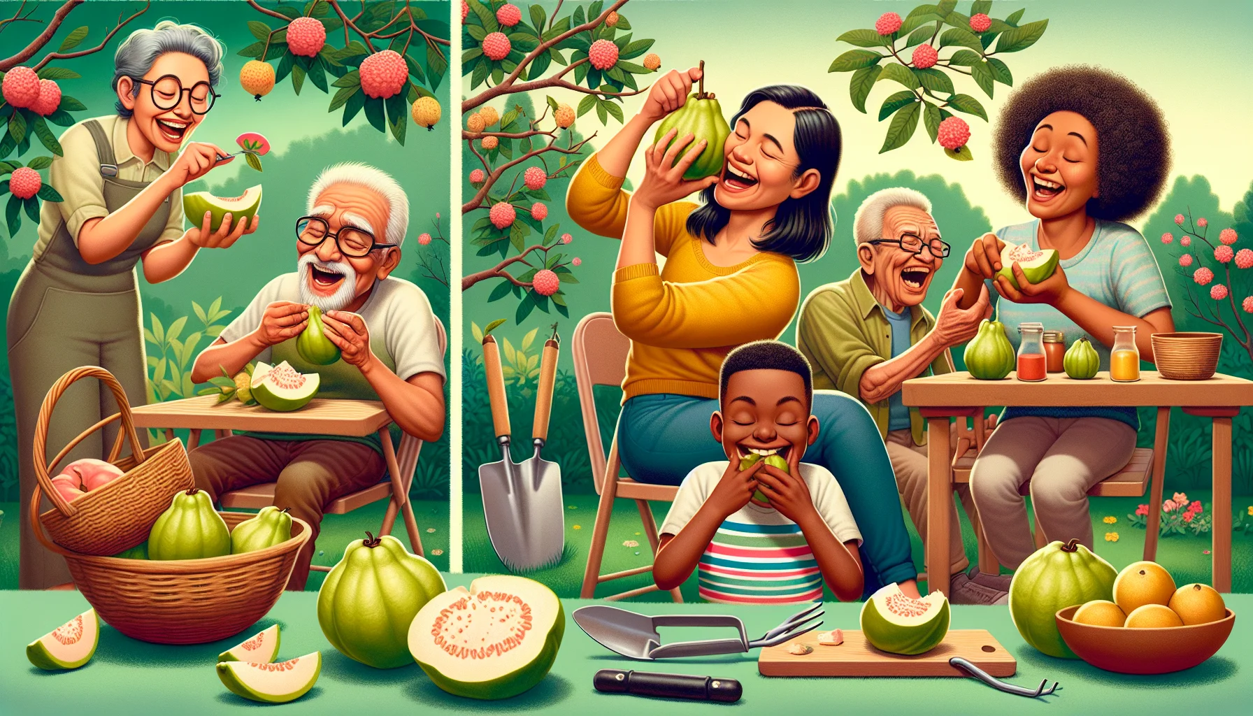 Creatively depict a humorous scenario of how to enjoy eating a lusciously ripe guava in a garden setting. Include a diverse range of individuals participating in the act. Let's see a middle-aged South-Asian woman delicately slicing the vibrant fruit, a young black boy eagerly waiting for his slice, and an elderly Hispanic man laughing heartily while munching on his piece. Also, illustrate blooming guava trees with fruit hanging from the branches and various garden tools creatively used as dining implements. Make sure the image stimulates the love for gardening and finds humor in the natural joy of enjoying fresh produce.