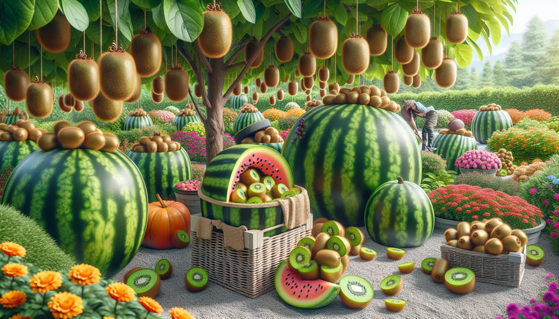 Create a realistic and amusing image that showcases a wide variety of kiwi fruits being stored in quirky ways. This scene should occur in a beautifully landscaped garden, which should be vibrant, inviting and filled with various types of plants and flowers. Within the garden, present kiwi being stored in an unconventional manner such as inside larger fruits like watermelons or pumpkins and hanging from the trees with strings. This image should communicate the concept of achieving joy through gardening, while also enticing individuals to experience the pleasure of growing and storing kiwi fruits.