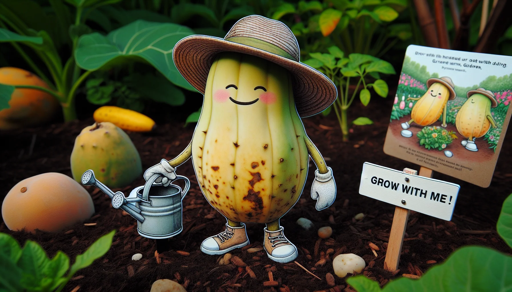 A detailed image showcasing the unique Indiana Banana, or Pawpaw fruit, grown in a home garden scenario. This fruit, known for its creamy, custard-like texture and unique flavor, has been humorously depicted. Perhaps it is wearing a cute, oversized gardener's hat and is holding a miniature watering can, as if it's encouraging people to take up gardening. There's a small signpost next to it with the words 'Grow with me!' written on it. The background might include a variety of common garden vegetables and fruits, all hinting at the rewards and joy of home gardening.