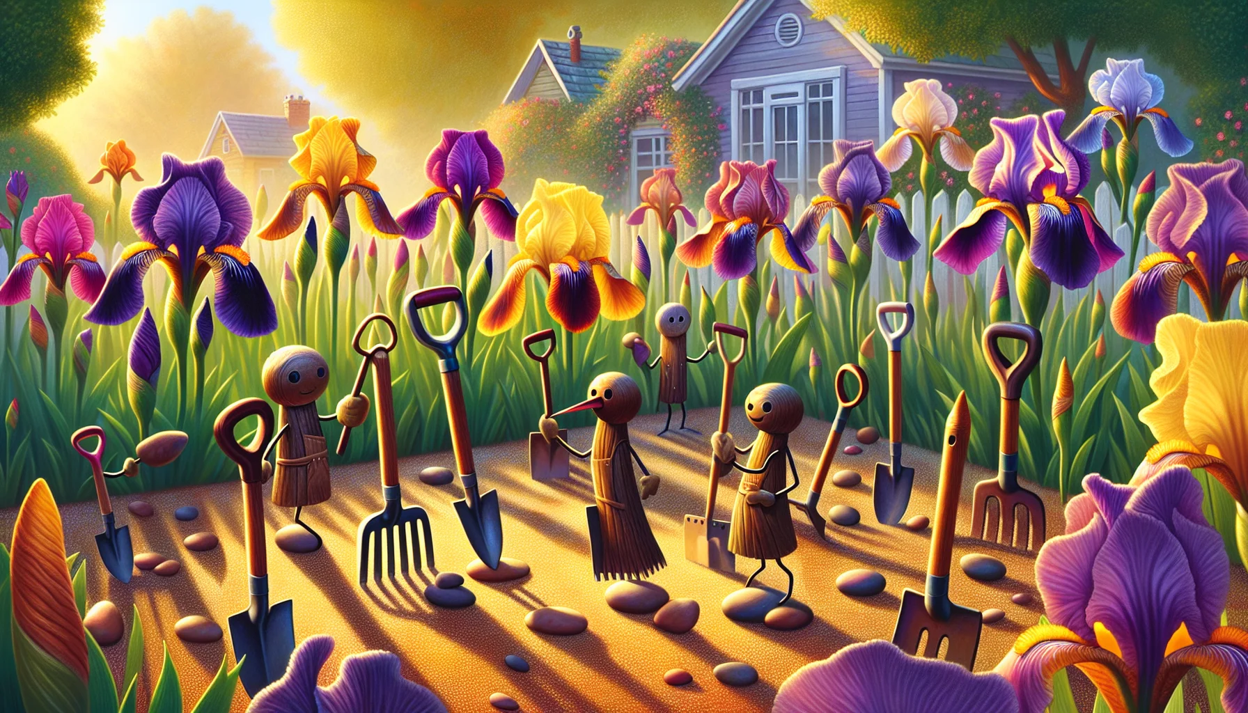 Imagine a whimsical scene of an enchanting suburban garden bursting with radiant Iris flowers. These Irises exhibit hues ranging from deep purple to sunny yellow. Among these vibrantly colored Iris flowers, anthropomorphized garden tools like a lively rake and a jubilant spade are caught in a friendly pebble toss game, their handles bending and twisting like they have a life of their own. The scene is awash with gentle morning sunlight casting long playful shadows, creating a lively and joyful atmosphere that entices onlookers to take part in the fun of gardening.