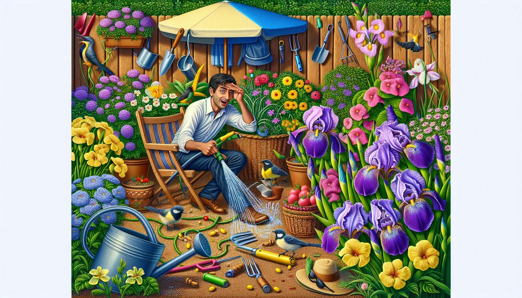 Create an intricate image of a playful gardening scenario set in a lush backyard. Amidst cheerful blooming flowers, utensils and gardening gloves scattered haphazardly. The protagonist, a South Asian male with a hint of mirth in his hazel eyes, accidentally waters himself instead of the flower pots, featuring vivid Iris flowers in hues of purple, yellow, and white. Birds partaking in the unexpected mayhem, seeds scattering and a sunhat making an odd but lovely umbrella. This lighthearted view aims to show the joy and humor that one can find in the pleasant hobby of gardening.