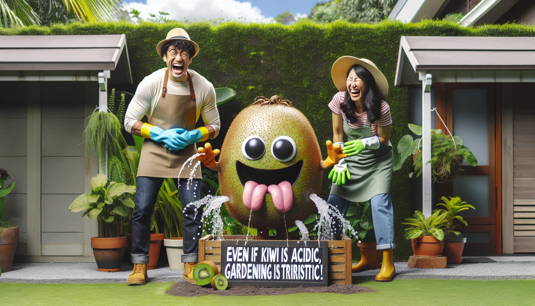 Picture a funny, playful scenario in a lush home garden. A South Asian man and a Hispanic woman, both wearing gardening hats and gloves, laugh as they deal with a very animated, oversized kiwi fruit. The kiwi fruit cheekily sprouts rubbery arms and legs and squirts little droplets of juice in the air, which fizzle and steam getting close to the plants, indicating its acidic nature. The scene still conveys the joy of gardening and includes a decorative sign that reads, 'Even if kiwi is acidic, gardening is terrific!'