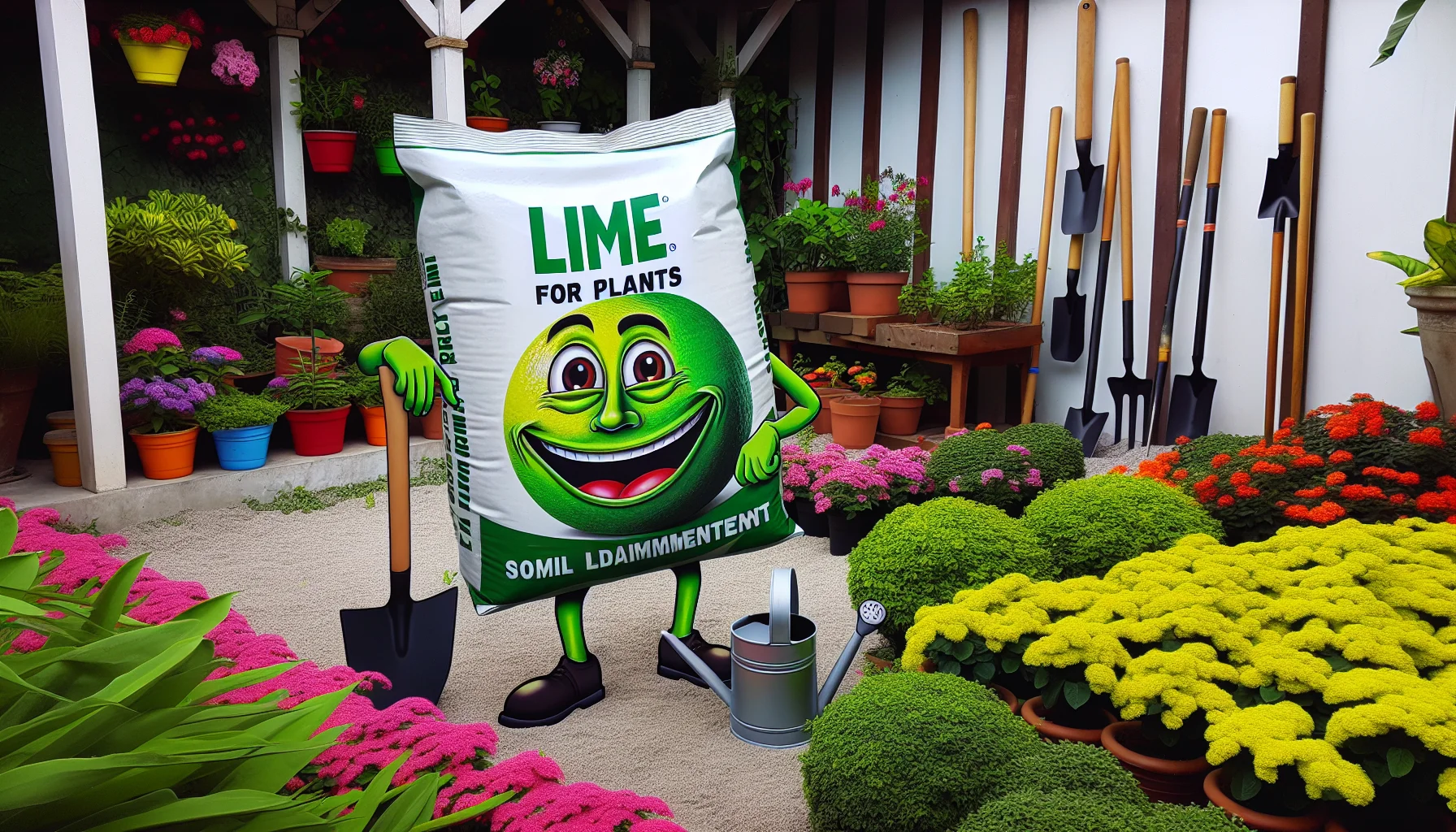 Generate an image through realism that depicts a comical scene set in a vibrant garden. In the garden, a bag of lime for plants (common soil amendment) is illustrated with an amusing cartoon-like face on it. The soil amendment is presenting itself in a cheerful and inviting manner, thereby encouraging people that even tasks such as soil amendment can be full of joy and humor. Besides, let's see garden tools like a spade and watering can, and multicolored plants around it. This image should exude the charm and delight of gardening.